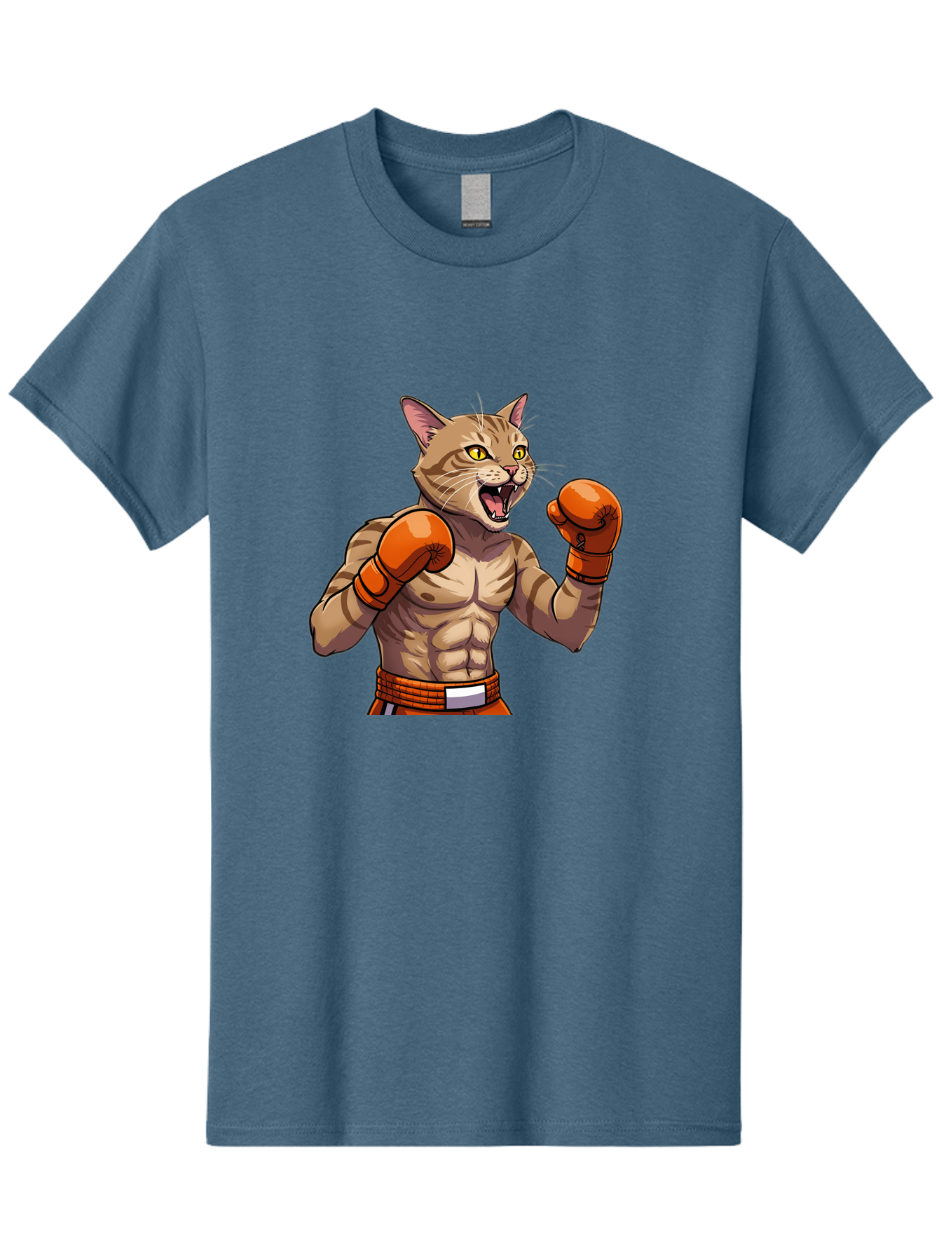 Muscle-Cat-Boxer Men'S Graphic Tee, 100% Cotton, Comfortable Casual Summer Wear, Machine Washable, Cartoon Muscular Cat, Boxing Gloves, Fierce Expression, Strong Physique, Funny Animal, Cartoon Character, Feline Boxer, Comic Art, Bae566