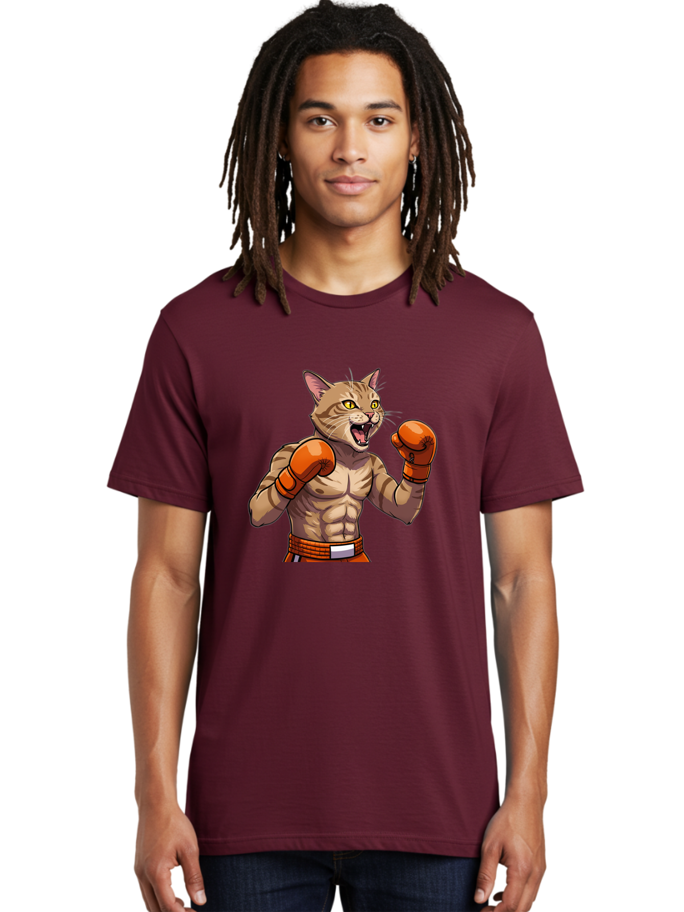 Muscle-Cat-Boxer Men'S Graphic Tee, 100% Cotton, Comfortable Casual Summer Wear, Machine Washable, Cartoon Muscular Cat, Boxing Gloves, Fierce Expression, Strong Physique, Funny Animal, Cartoon Character, Feline Boxer, Comic Art, Bae566