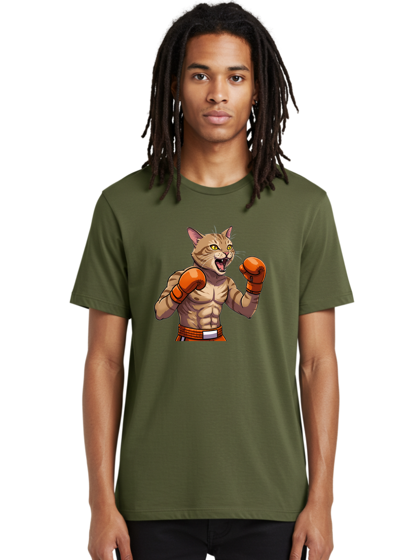 Muscle-Cat-Boxer Men'S Graphic Tee, 100% Cotton, Comfortable Casual Summer Wear, Machine Washable, Cartoon Muscular Cat, Boxing Gloves, Fierce Expression, Strong Physique, Funny Animal, Cartoon Character, Feline Boxer, Comic Art, Bae566