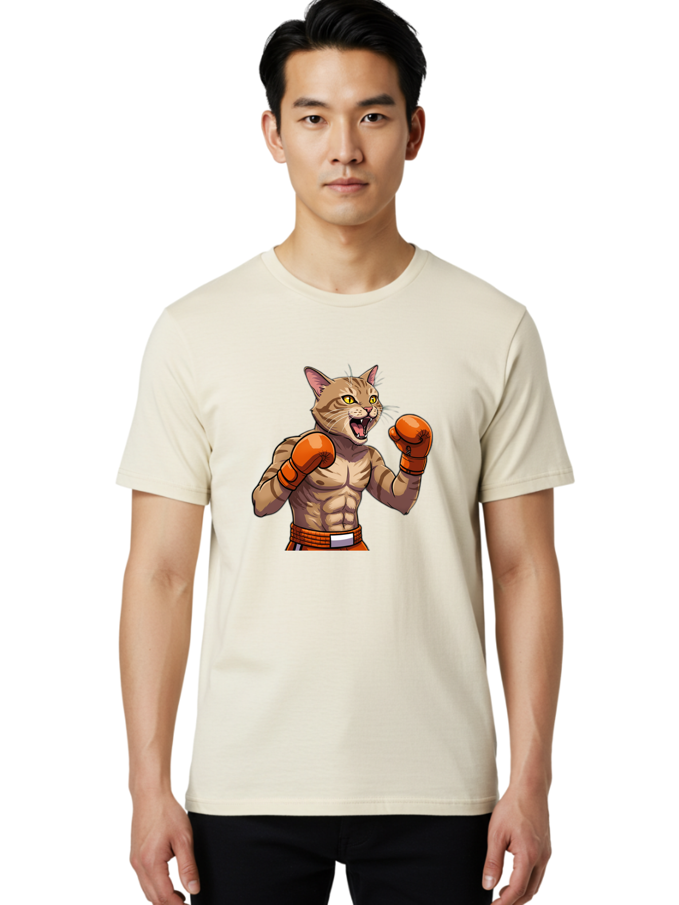 Muscle-Cat-Boxer Men'S Graphic Tee, 100% Cotton, Comfortable Casual Summer Wear, Machine Washable, Cartoon Muscular Cat, Boxing Gloves, Fierce Expression, Strong Physique, Funny Animal, Cartoon Character, Feline Boxer, Comic Art, Bae566