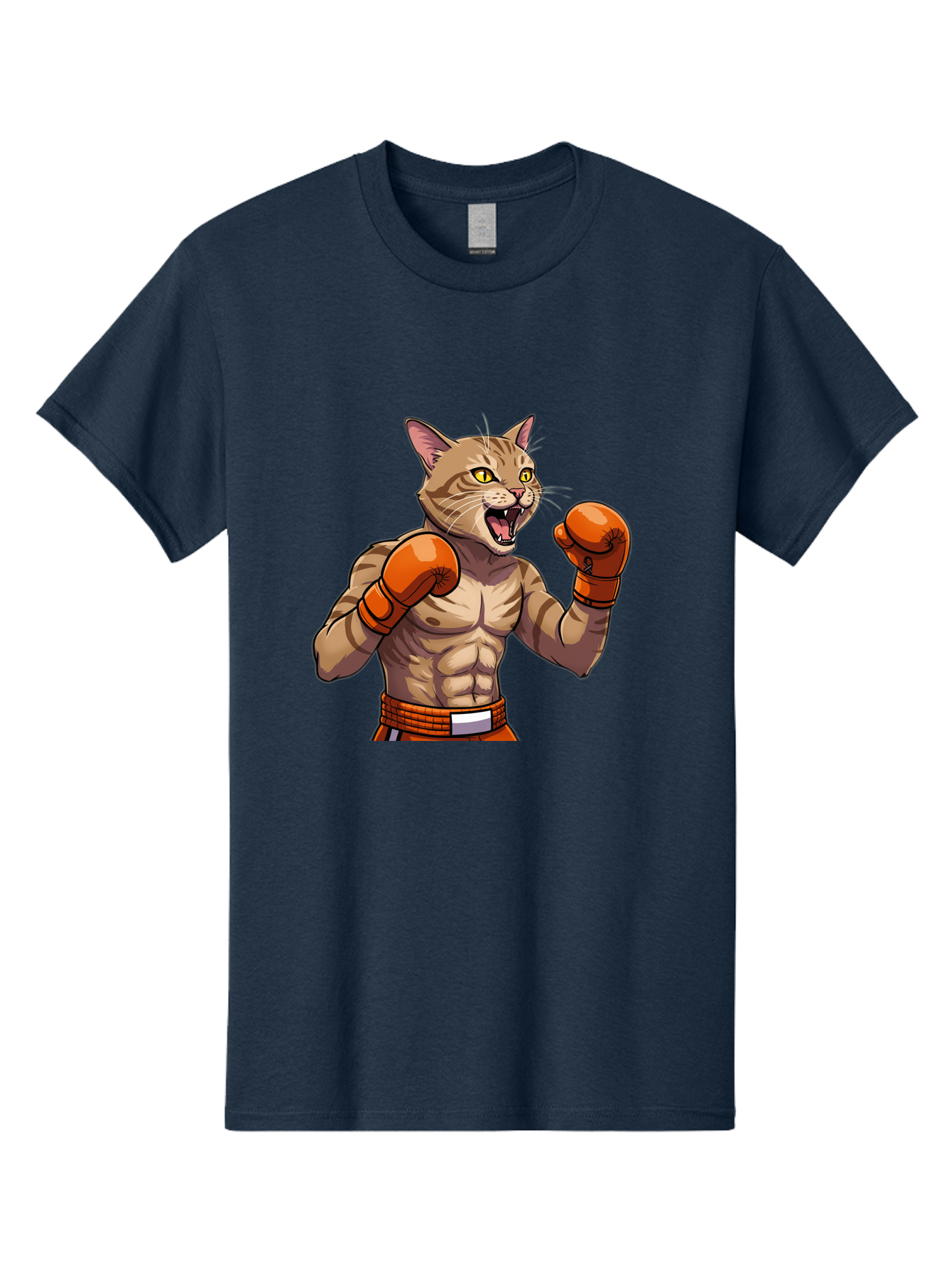 Muscle-Cat-Boxer Men'S Graphic Tee, 100% Cotton, Comfortable Casual Summer Wear, Machine Washable, Cartoon Muscular Cat, Boxing Gloves, Fierce Expression, Strong Physique, Funny Animal, Cartoon Character, Feline Boxer, Comic Art, Bae566