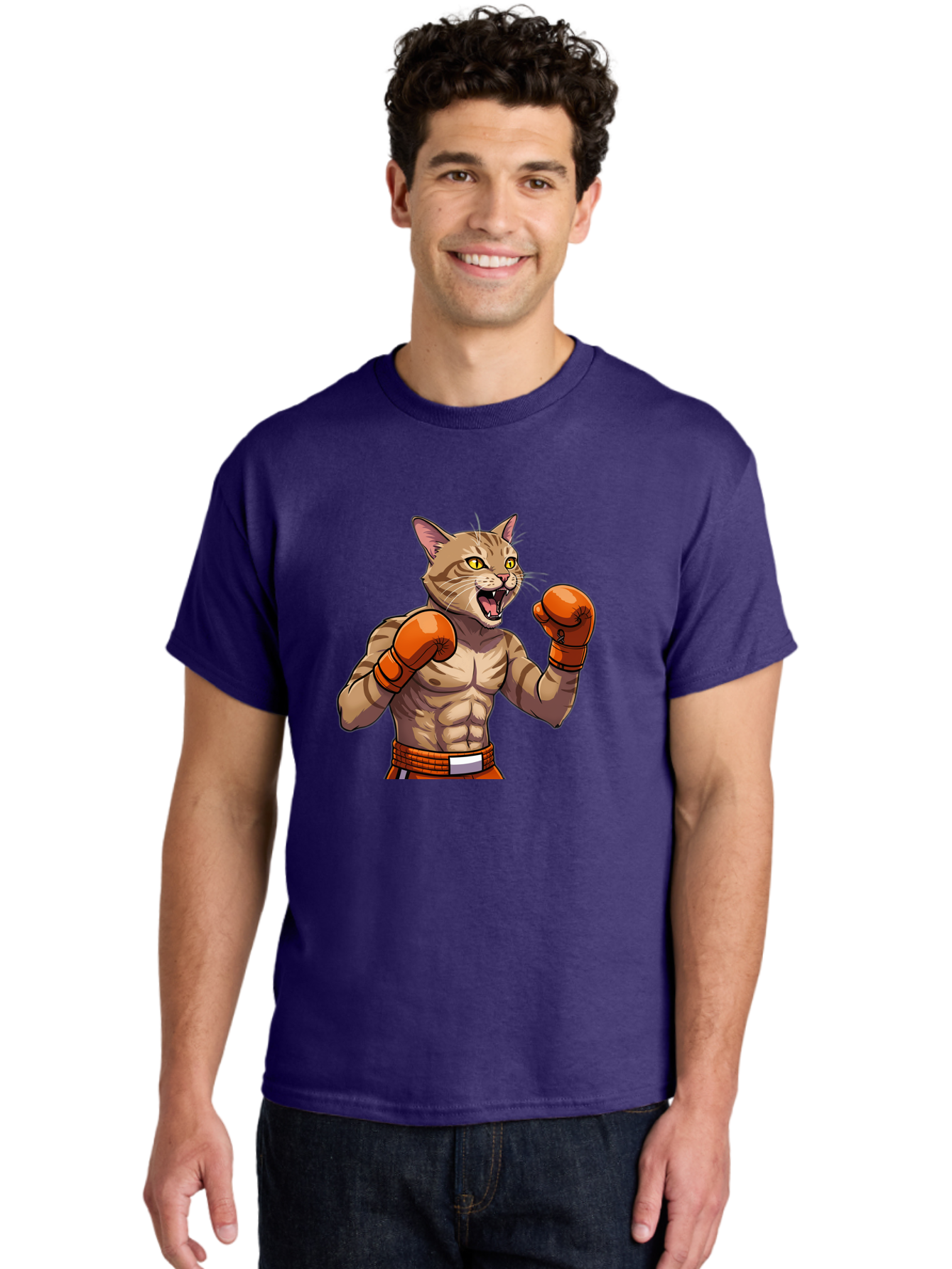 Muscle-Cat-Boxer Men'S Graphic Tee, 100% Cotton, Comfortable Casual Summer Wear, Machine Washable, Cartoon Muscular Cat, Boxing Gloves, Fierce Expression, Strong Physique, Funny Animal, Cartoon Character, Feline Boxer, Comic Art, Bae566