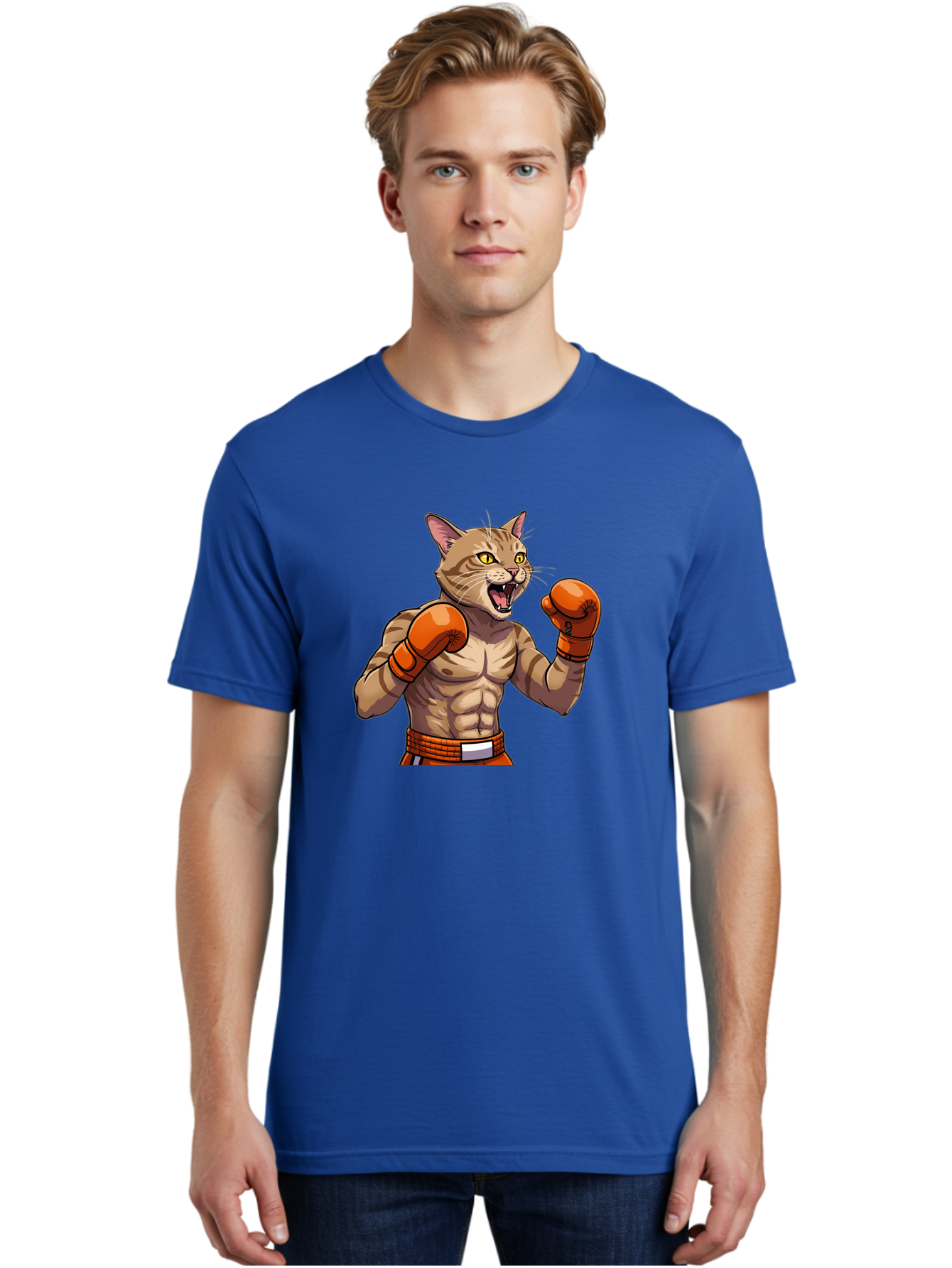 Muscle-Cat-Boxer Men'S Graphic Tee, 100% Cotton, Comfortable Casual Summer Wear, Machine Washable, Cartoon Muscular Cat, Boxing Gloves, Fierce Expression, Strong Physique, Funny Animal, Cartoon Character, Feline Boxer, Comic Art, Bae566