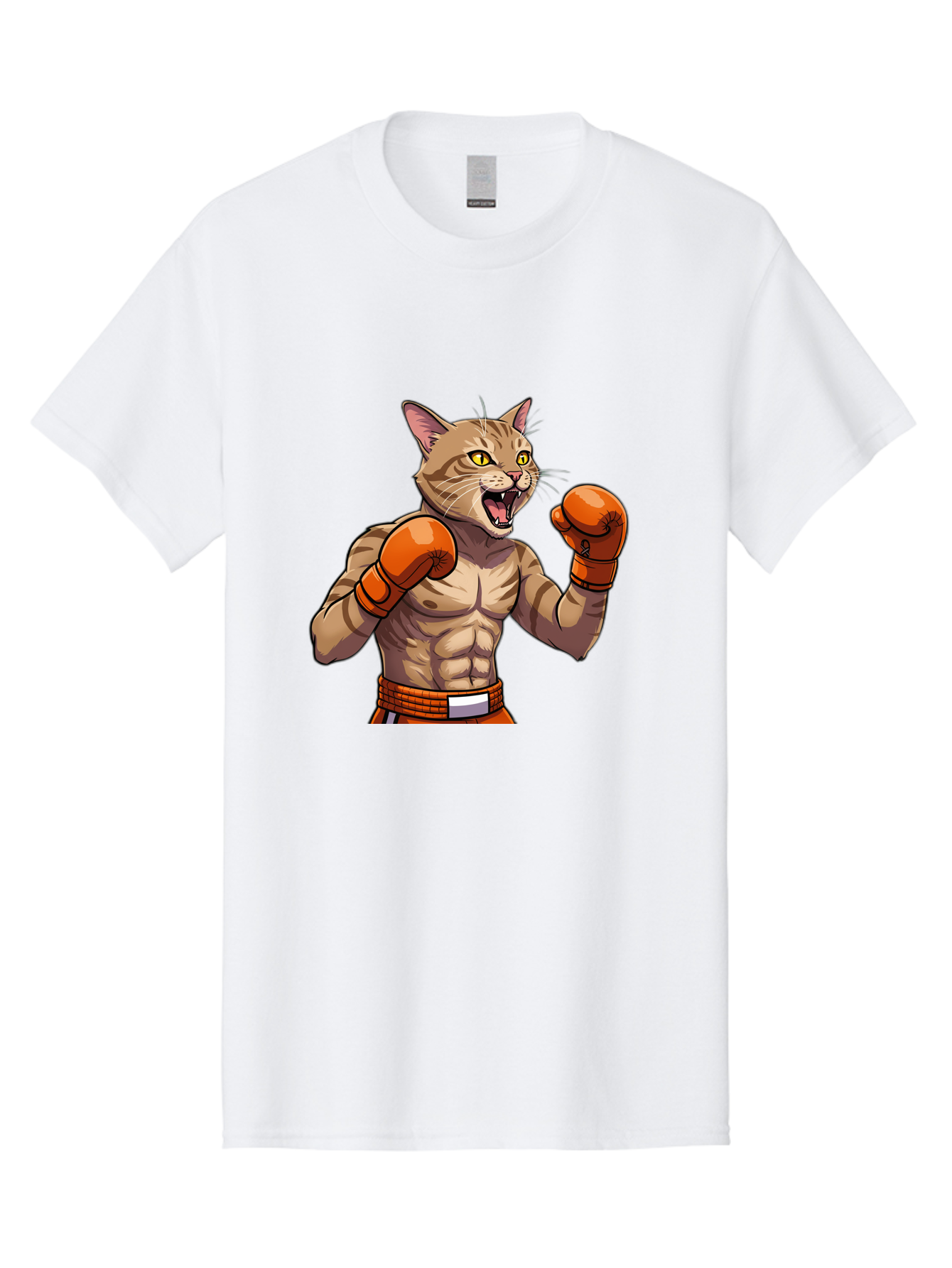 Muscle-Cat-Boxer Men'S Graphic Tee, 100% Cotton, Comfortable Casual Summer Wear, Machine Washable, Cartoon Muscular Cat, Boxing Gloves, Fierce Expression, Strong Physique, Funny Animal, Cartoon Character, Feline Boxer, Comic Art, Bae566