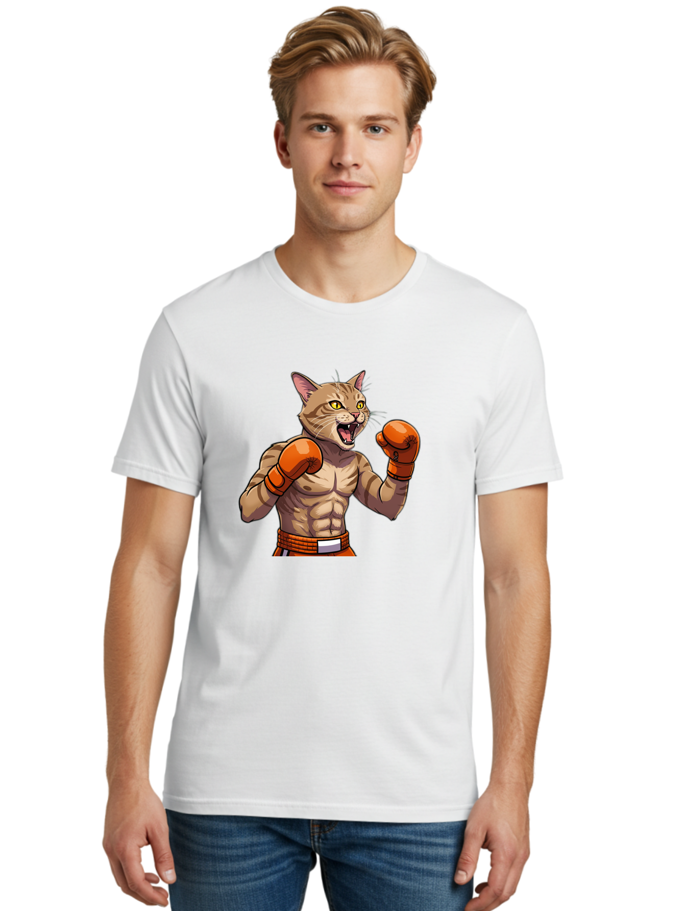 Muscle-Cat-Boxer Men'S Graphic Tee, 100% Cotton, Comfortable Casual Summer Wear, Machine Washable, Cartoon Muscular Cat, Boxing Gloves, Fierce Expression, Strong Physique, Funny Animal, Cartoon Character, Feline Boxer, Comic Art, Bae566