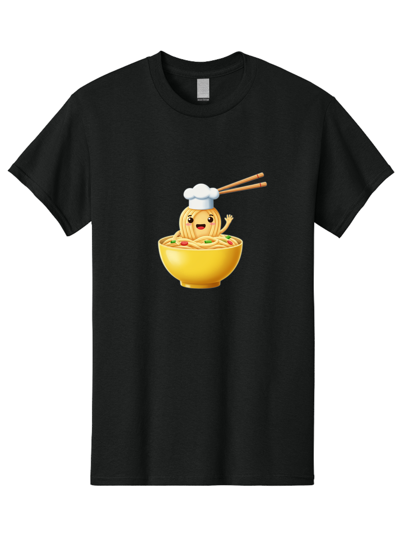 Noodle-Character-In-Yellow-Bowl Men'S Graphic Tee, 100% Cotton, Comfortable Casual Summer Wear, Machine Washable, Cartoon Noodles, Chef Hat, Chopsticks, Smiling Face, Waving Hand, Yellow Bowl, Green Peas, Red Peppers, Funny Character, Bae567