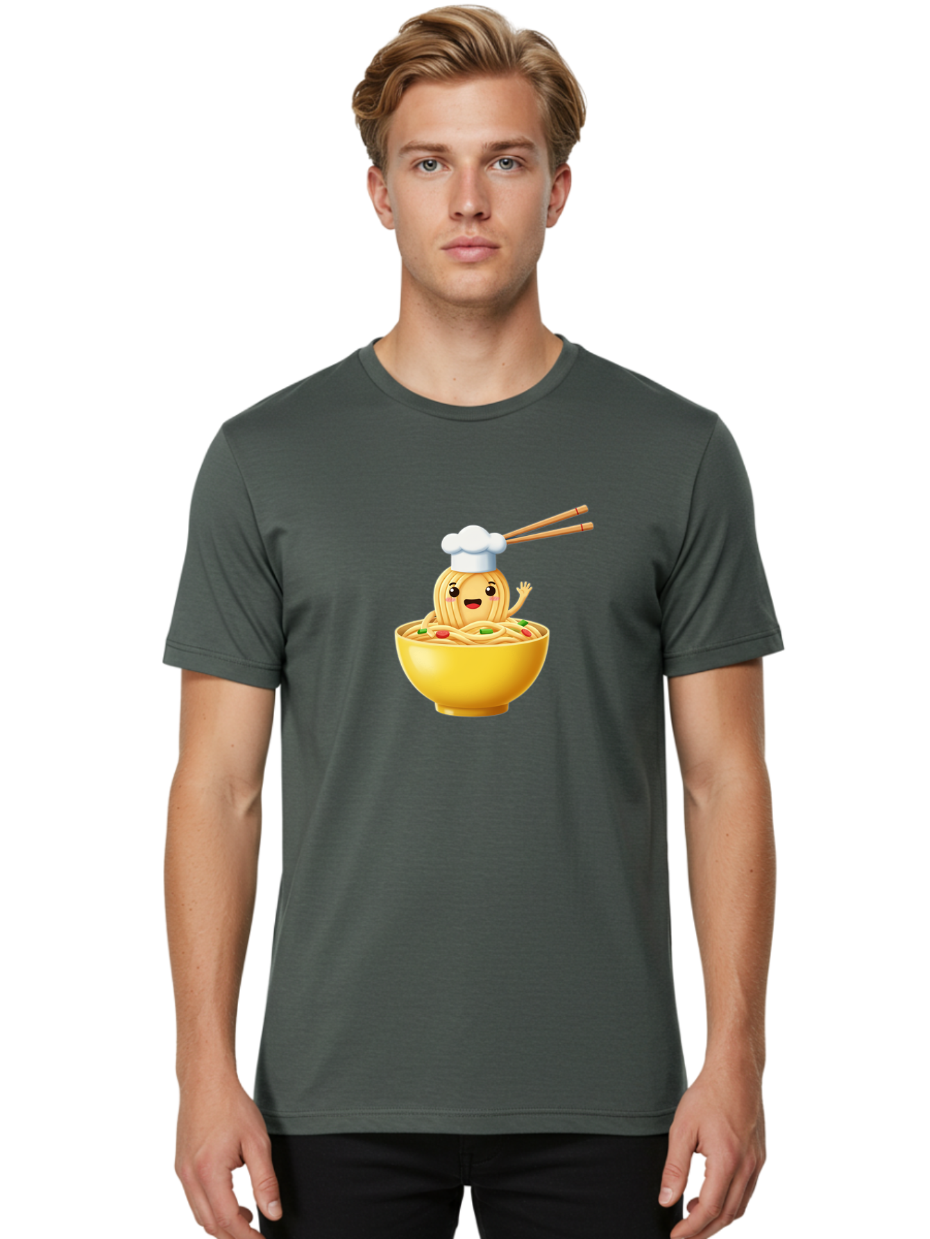 Noodle-Character-In-Yellow-Bowl Men'S Graphic Tee, 100% Cotton, Comfortable Casual Summer Wear, Machine Washable, Cartoon Noodles, Chef Hat, Chopsticks, Smiling Face, Waving Hand, Yellow Bowl, Green Peas, Red Peppers, Funny Character, Bae567