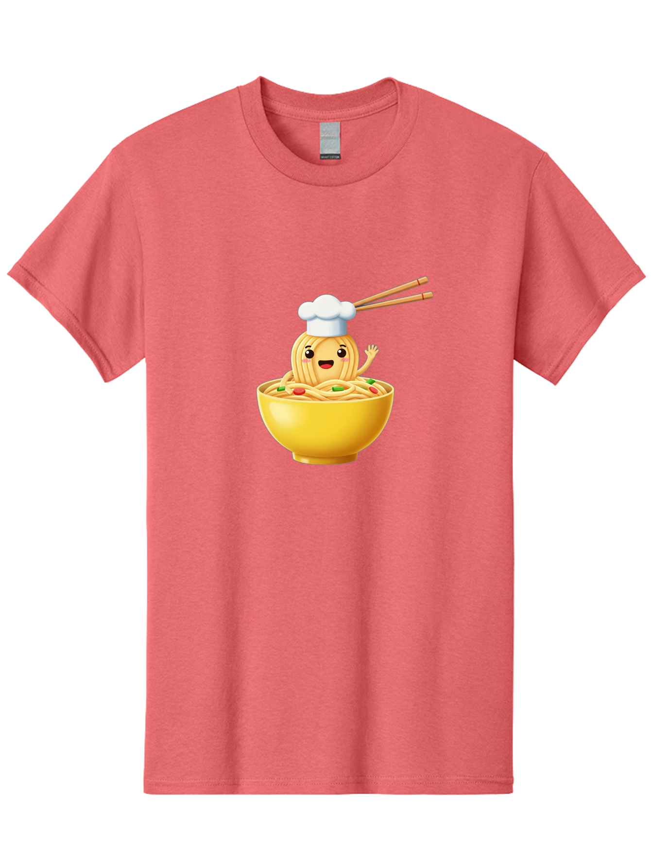 Noodle-Character-In-Yellow-Bowl Men'S Graphic Tee, 100% Cotton, Comfortable Casual Summer Wear, Machine Washable, Cartoon Noodles, Chef Hat, Chopsticks, Smiling Face, Waving Hand, Yellow Bowl, Green Peas, Red Peppers, Funny Character, Bae567