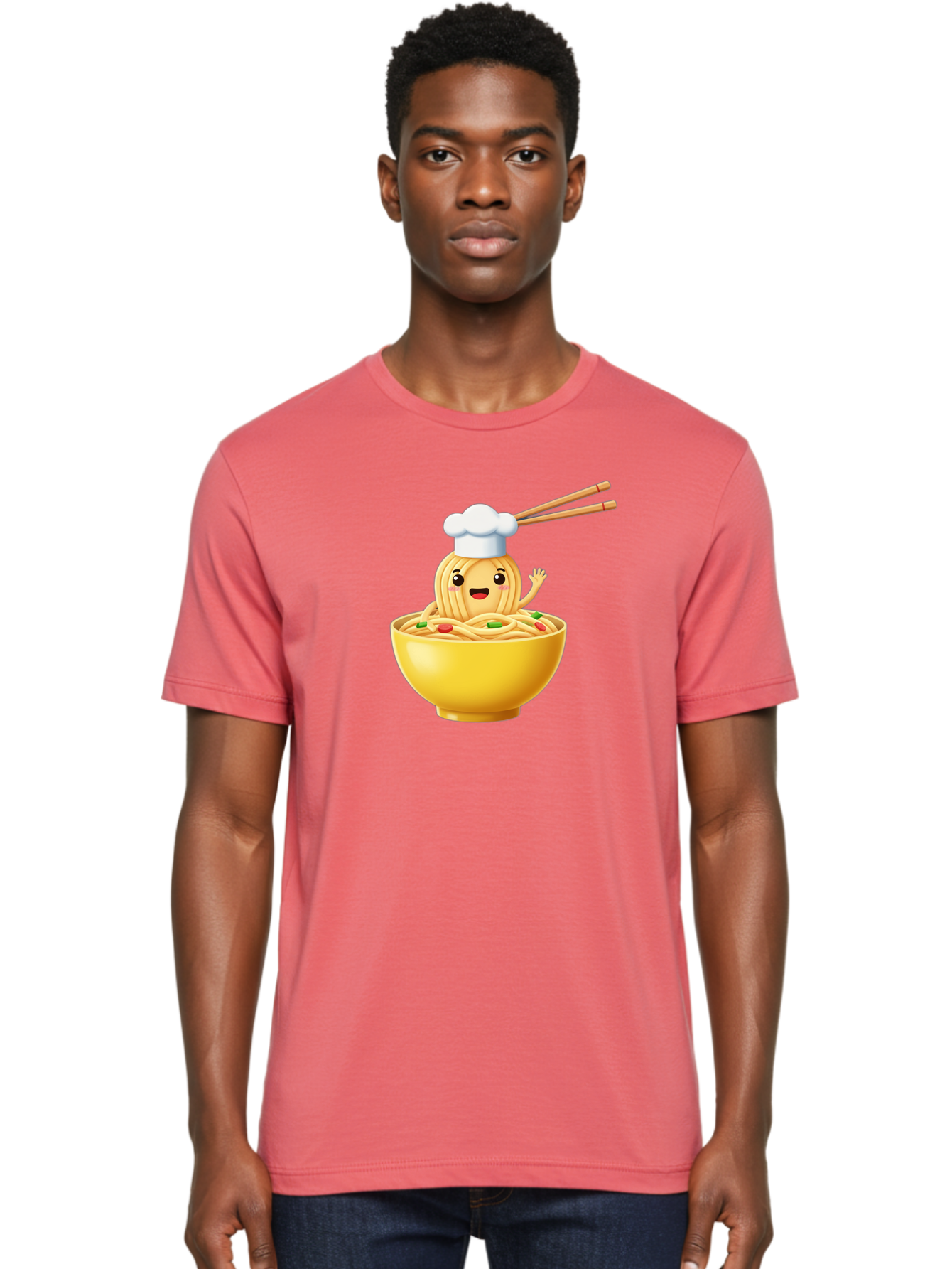 Noodle-Character-In-Yellow-Bowl Men'S Graphic Tee, 100% Cotton, Comfortable Casual Summer Wear, Machine Washable, Cartoon Noodles, Chef Hat, Chopsticks, Smiling Face, Waving Hand, Yellow Bowl, Green Peas, Red Peppers, Funny Character, Bae567