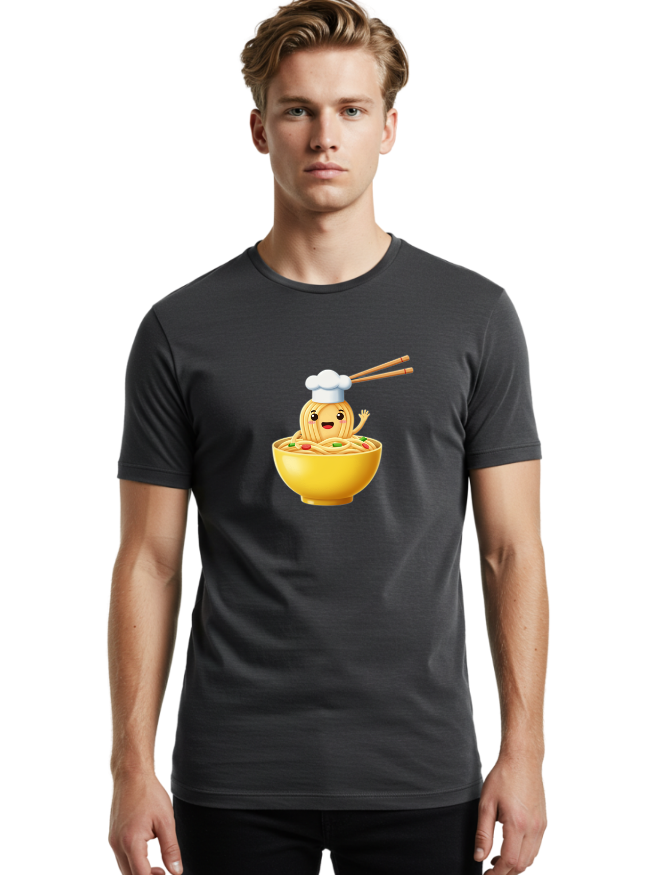 Noodle-Character-In-Yellow-Bowl Men'S Graphic Tee, 100% Cotton, Comfortable Casual Summer Wear, Machine Washable, Cartoon Noodles, Chef Hat, Chopsticks, Smiling Face, Waving Hand, Yellow Bowl, Green Peas, Red Peppers, Funny Character, Bae567