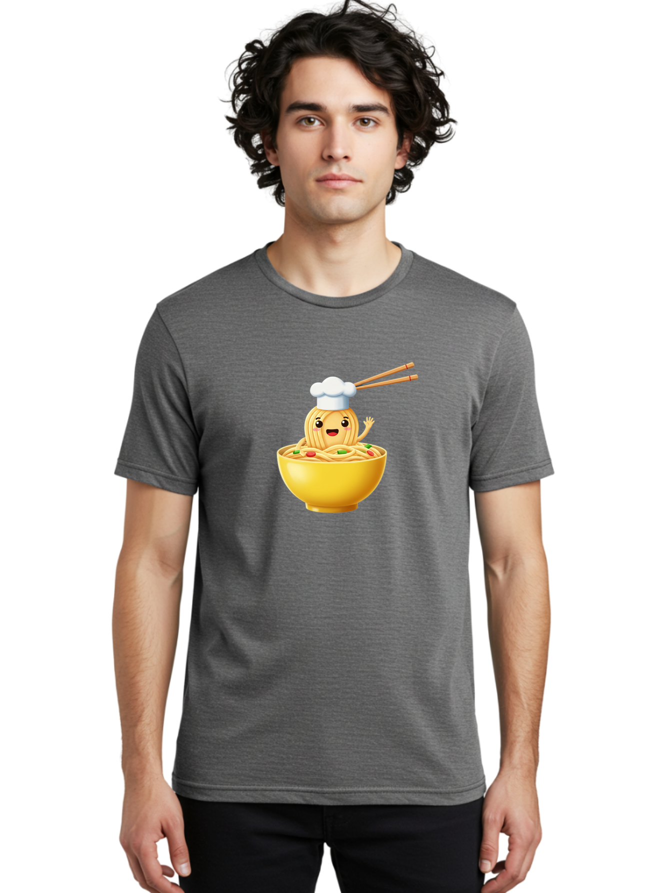 Noodle-Character-In-Yellow-Bowl Men'S Graphic Tee, 100% Cotton, Comfortable Casual Summer Wear, Machine Washable, Cartoon Noodles, Chef Hat, Chopsticks, Smiling Face, Waving Hand, Yellow Bowl, Green Peas, Red Peppers, Funny Character, Bae567
