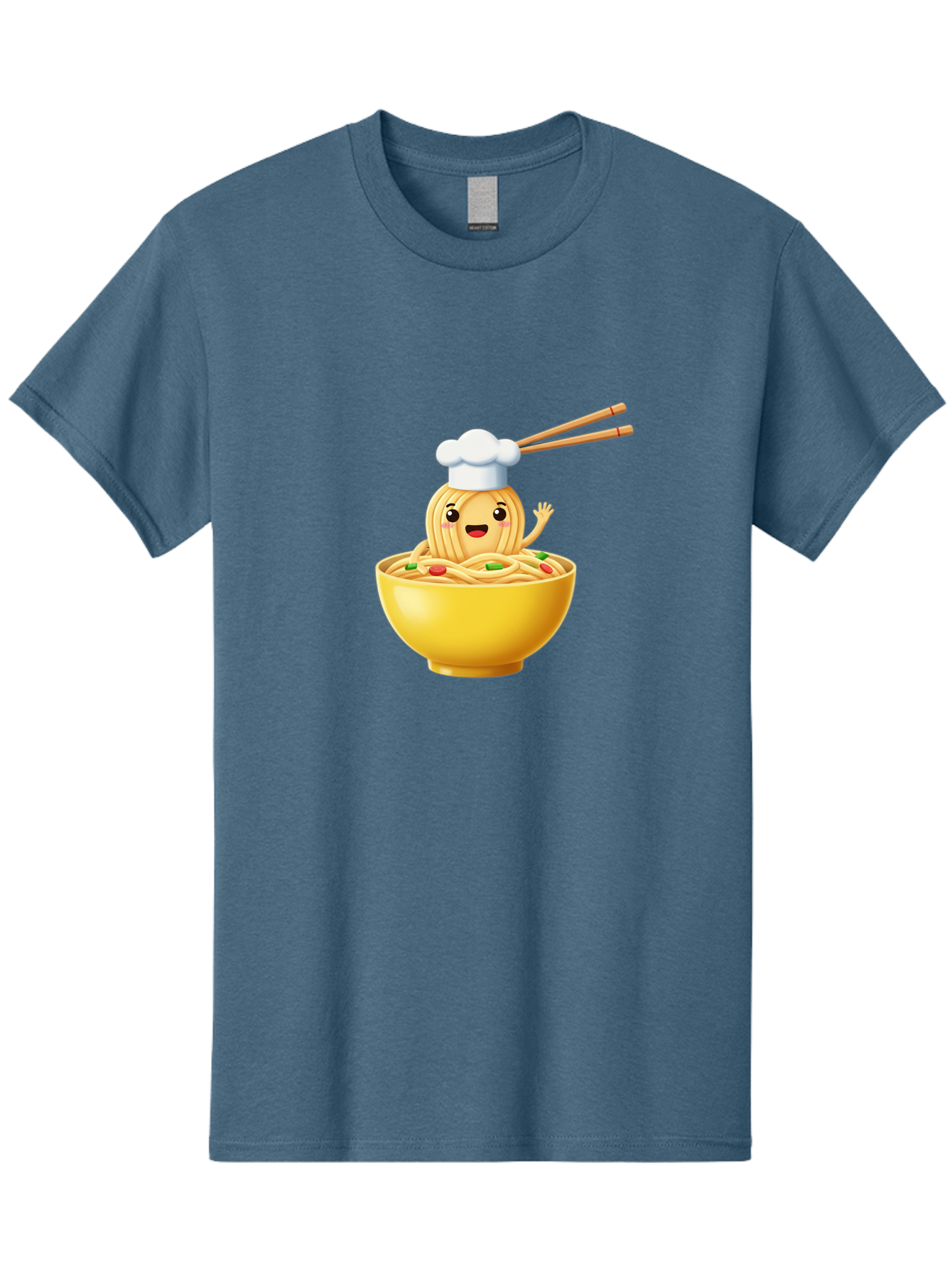 Noodle-Character-In-Yellow-Bowl Men'S Graphic Tee, 100% Cotton, Comfortable Casual Summer Wear, Machine Washable, Cartoon Noodles, Chef Hat, Chopsticks, Smiling Face, Waving Hand, Yellow Bowl, Green Peas, Red Peppers, Funny Character, Bae567