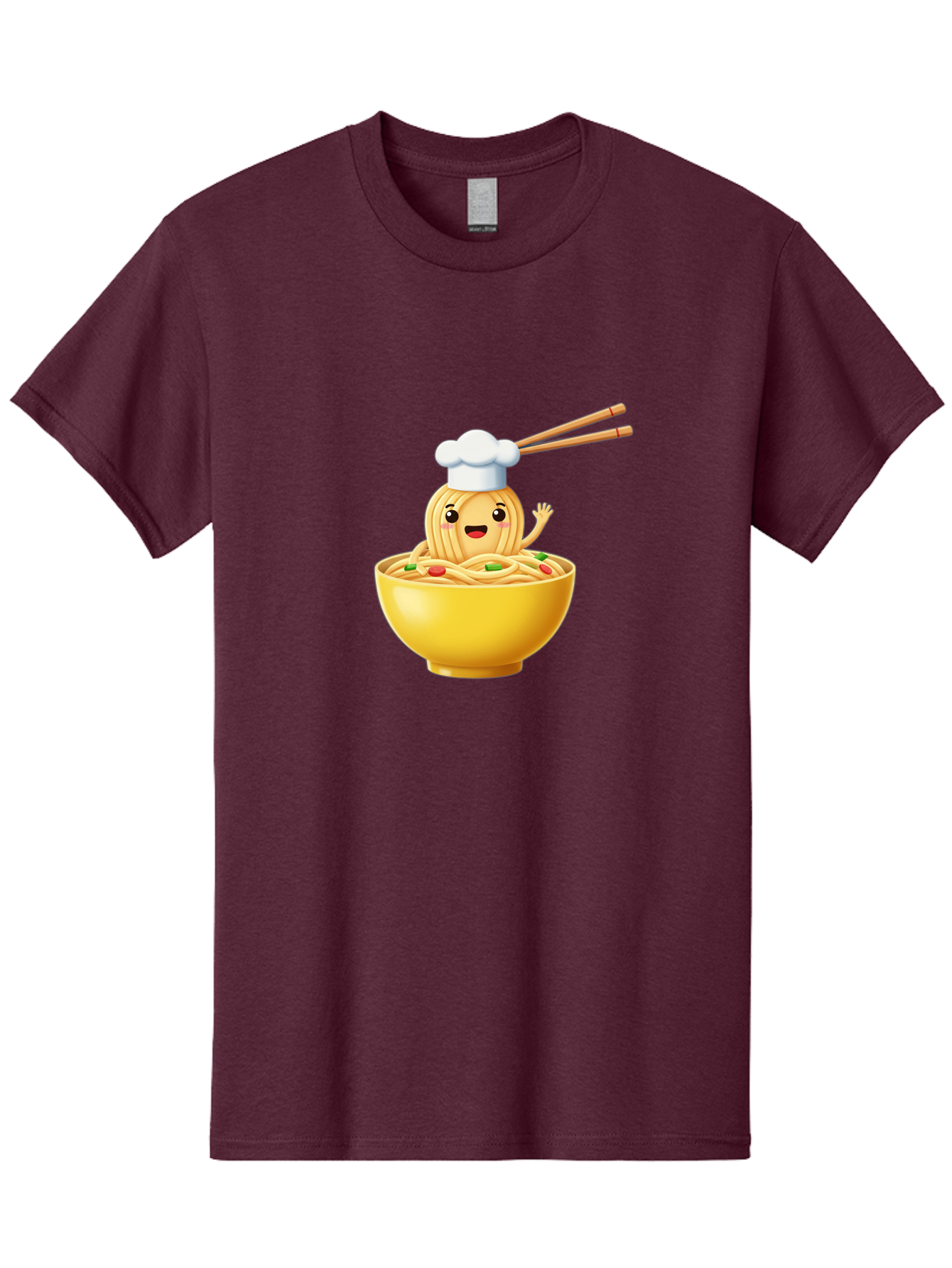 Noodle-Character-In-Yellow-Bowl Men'S Graphic Tee, 100% Cotton, Comfortable Casual Summer Wear, Machine Washable, Cartoon Noodles, Chef Hat, Chopsticks, Smiling Face, Waving Hand, Yellow Bowl, Green Peas, Red Peppers, Funny Character, Bae567