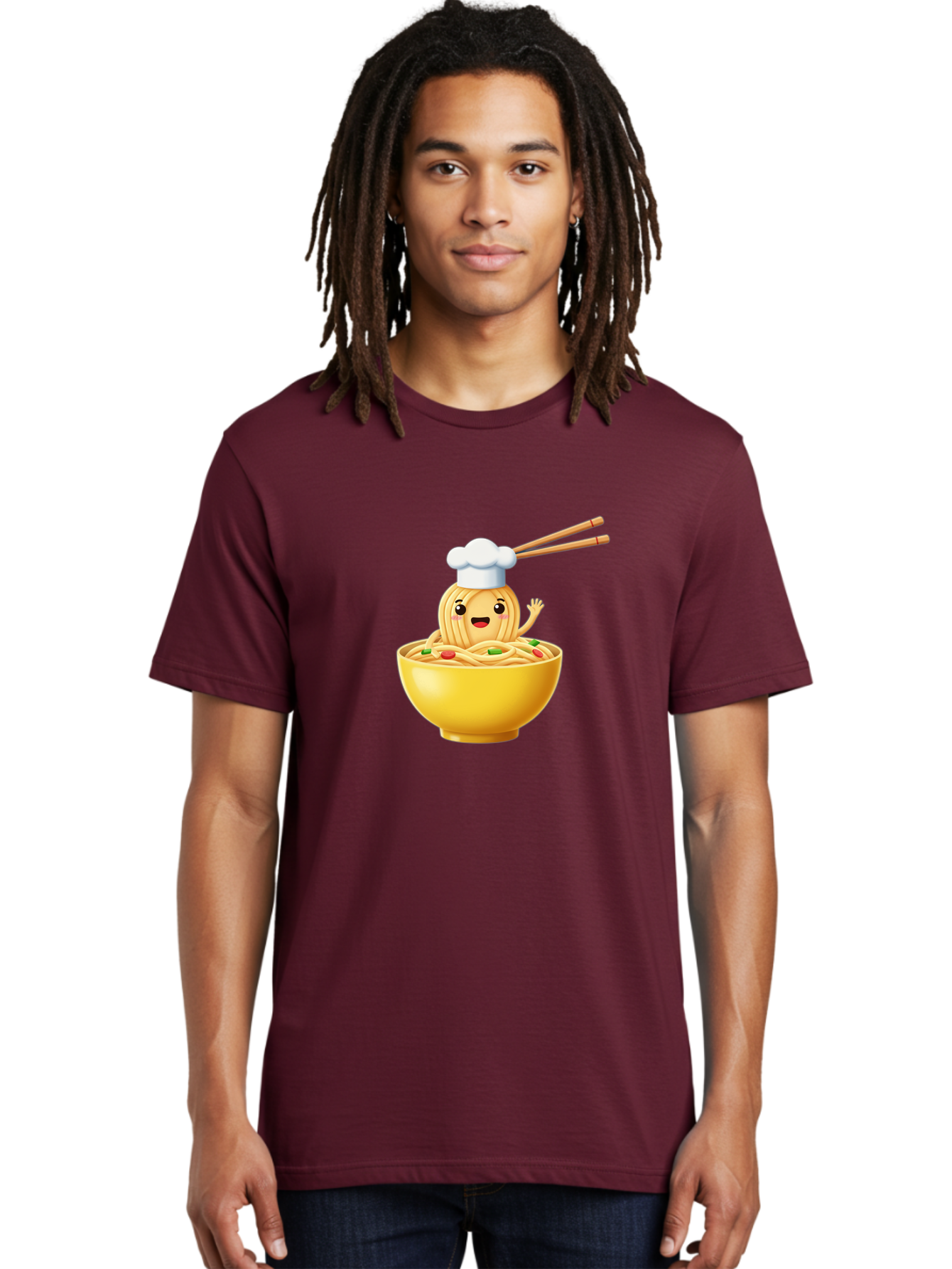 Noodle-Character-In-Yellow-Bowl Men'S Graphic Tee, 100% Cotton, Comfortable Casual Summer Wear, Machine Washable, Cartoon Noodles, Chef Hat, Chopsticks, Smiling Face, Waving Hand, Yellow Bowl, Green Peas, Red Peppers, Funny Character, Bae567