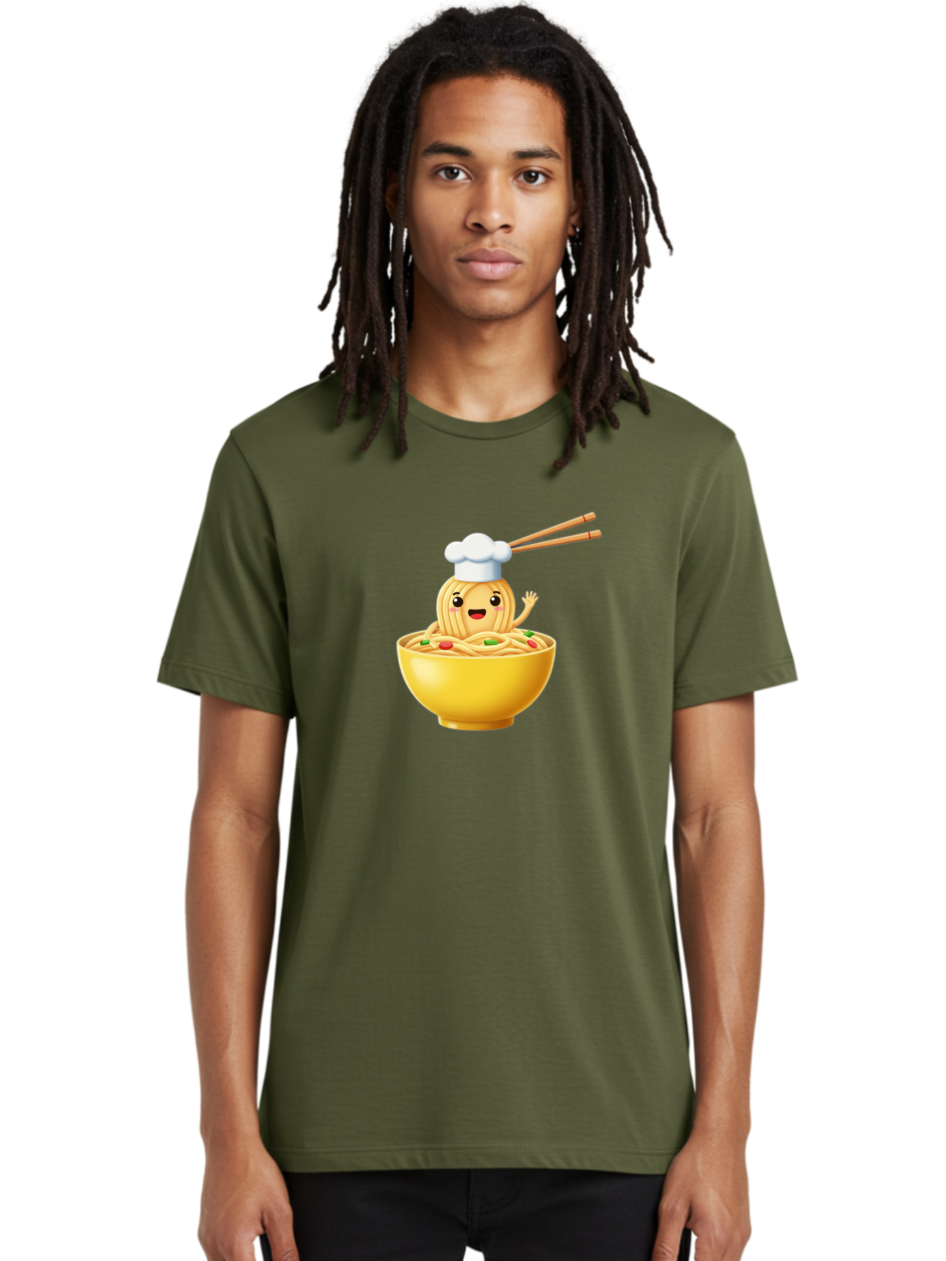 Noodle-Character-In-Yellow-Bowl Men'S Graphic Tee, 100% Cotton, Comfortable Casual Summer Wear, Machine Washable, Cartoon Noodles, Chef Hat, Chopsticks, Smiling Face, Waving Hand, Yellow Bowl, Green Peas, Red Peppers, Funny Character, Bae567