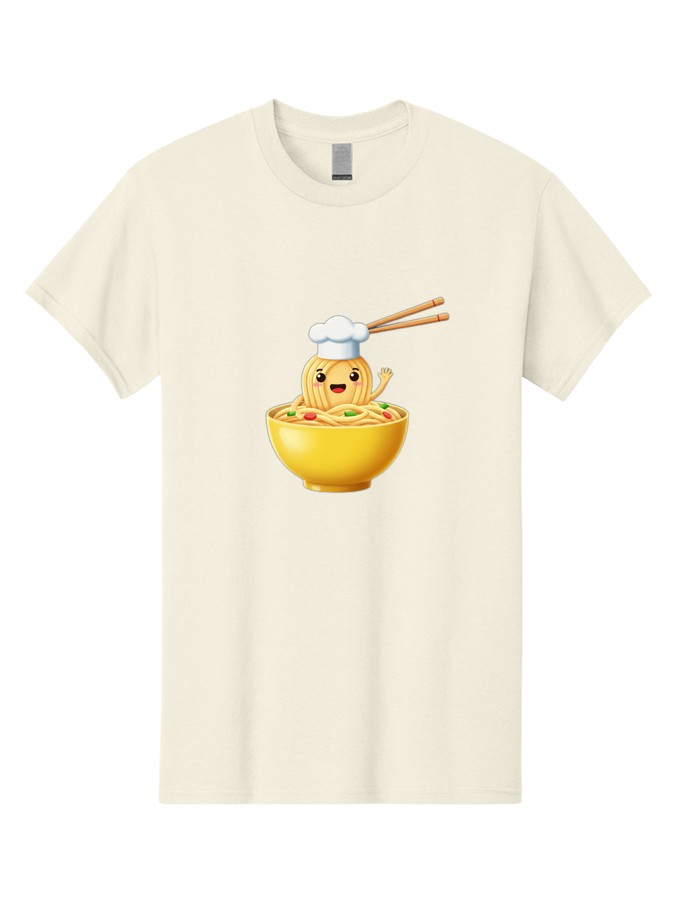 Noodle-Character-In-Yellow-Bowl Men'S Graphic Tee, 100% Cotton, Comfortable Casual Summer Wear, Machine Washable, Cartoon Noodles, Chef Hat, Chopsticks, Smiling Face, Waving Hand, Yellow Bowl, Green Peas, Red Peppers, Funny Character, Bae567