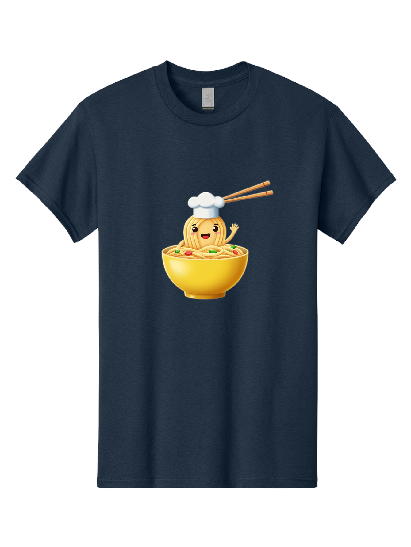 Noodle-Character-In-Yellow-Bowl Men'S Graphic Tee, 100% Cotton, Comfortable Casual Summer Wear, Machine Washable, Cartoon Noodles, Chef Hat, Chopsticks, Smiling Face, Waving Hand, Yellow Bowl, Green Peas, Red Peppers, Funny Character, Bae567