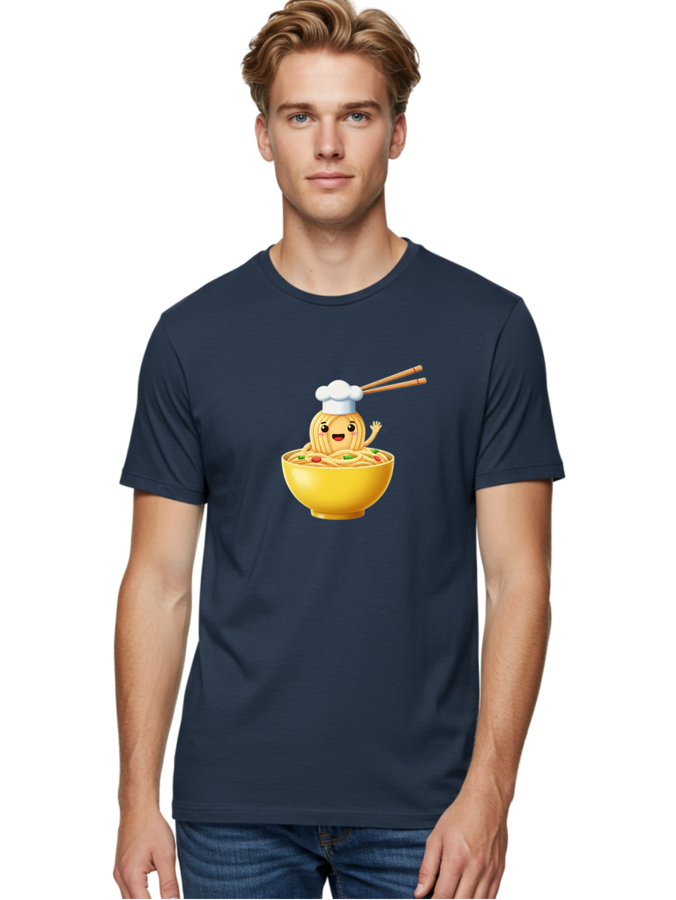 Noodle-Character-In-Yellow-Bowl Men'S Graphic Tee, 100% Cotton, Comfortable Casual Summer Wear, Machine Washable, Cartoon Noodles, Chef Hat, Chopsticks, Smiling Face, Waving Hand, Yellow Bowl, Green Peas, Red Peppers, Funny Character, Bae567