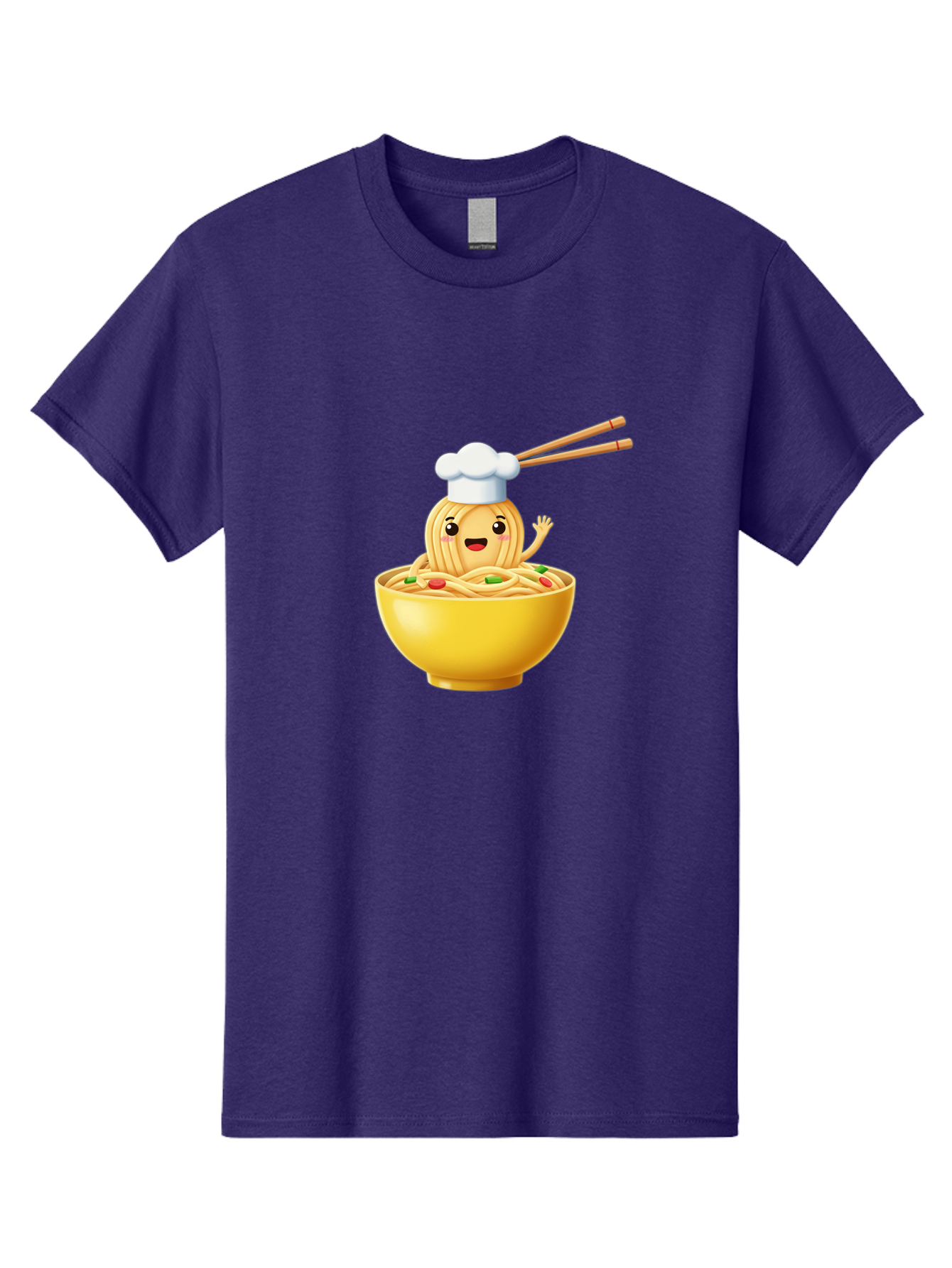 Noodle-Character-In-Yellow-Bowl Men'S Graphic Tee, 100% Cotton, Comfortable Casual Summer Wear, Machine Washable, Cartoon Noodles, Chef Hat, Chopsticks, Smiling Face, Waving Hand, Yellow Bowl, Green Peas, Red Peppers, Funny Character, Bae567