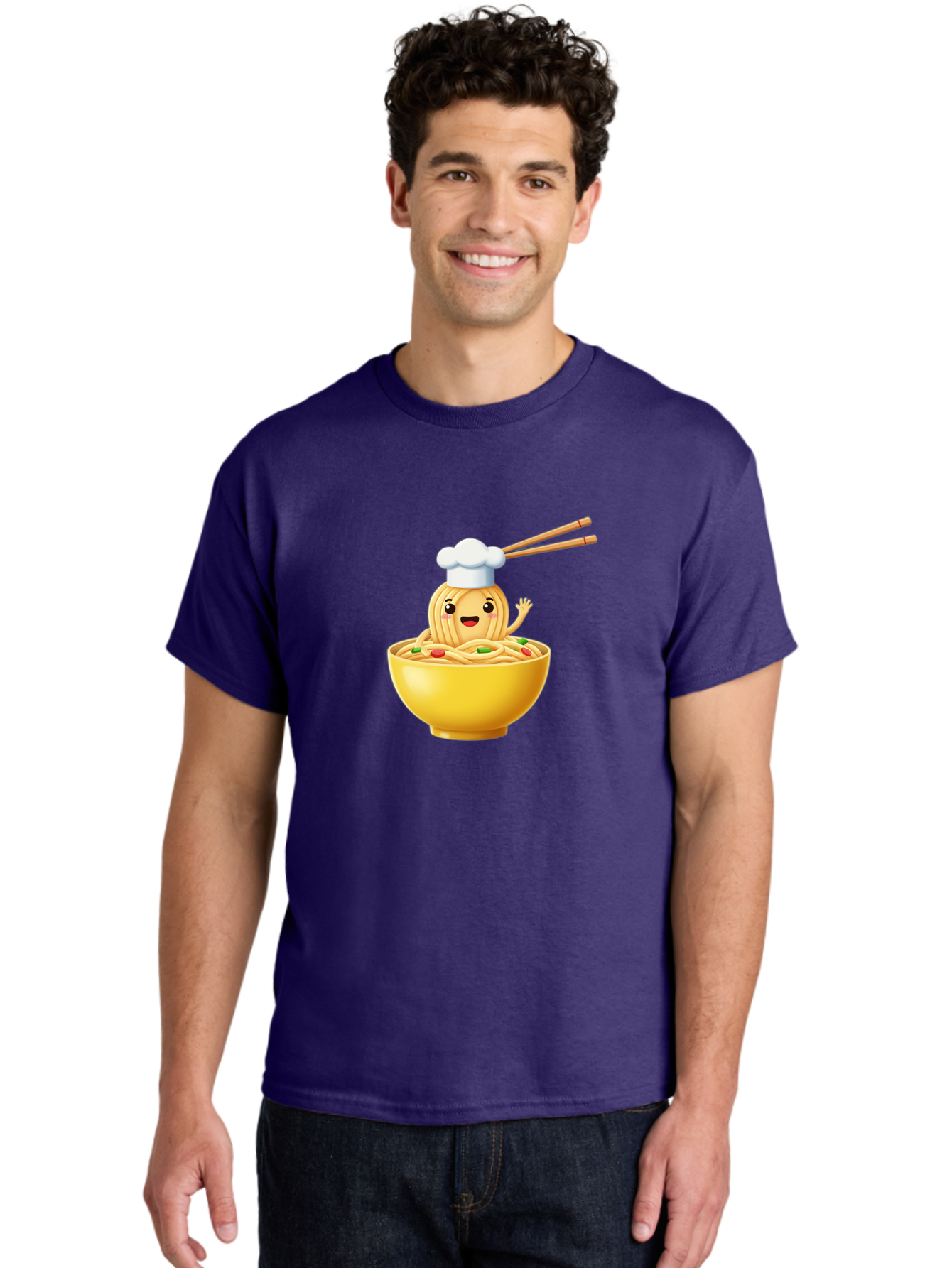 Noodle-Character-In-Yellow-Bowl Men'S Graphic Tee, 100% Cotton, Comfortable Casual Summer Wear, Machine Washable, Cartoon Noodles, Chef Hat, Chopsticks, Smiling Face, Waving Hand, Yellow Bowl, Green Peas, Red Peppers, Funny Character, Bae567