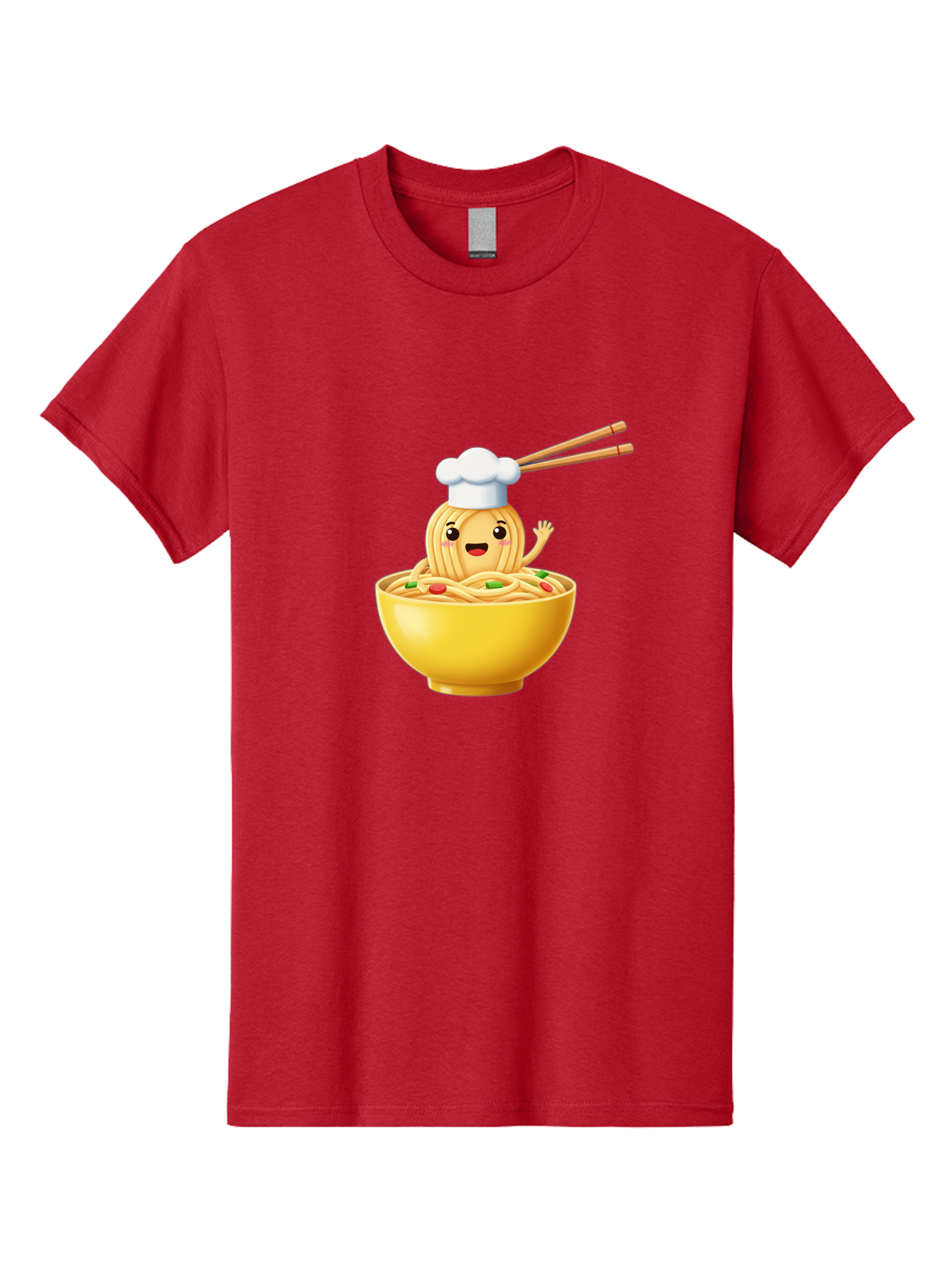 Noodle-Character-In-Yellow-Bowl Men'S Graphic Tee, 100% Cotton, Comfortable Casual Summer Wear, Machine Washable, Cartoon Noodles, Chef Hat, Chopsticks, Smiling Face, Waving Hand, Yellow Bowl, Green Peas, Red Peppers, Funny Character, Bae567