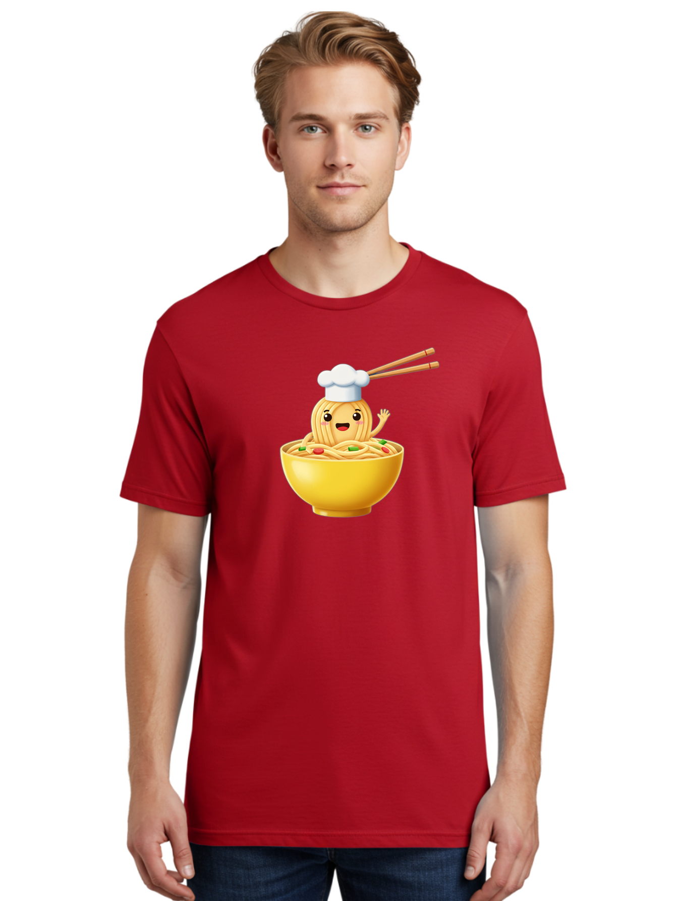 Noodle-Character-In-Yellow-Bowl Men'S Graphic Tee, 100% Cotton, Comfortable Casual Summer Wear, Machine Washable, Cartoon Noodles, Chef Hat, Chopsticks, Smiling Face, Waving Hand, Yellow Bowl, Green Peas, Red Peppers, Funny Character, Bae567