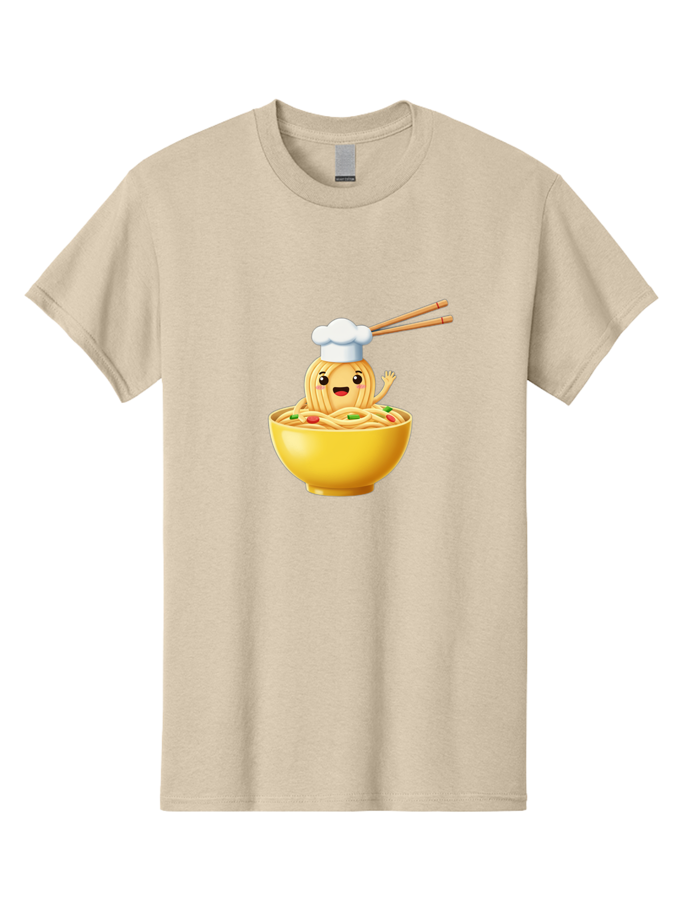 Noodle-Character-In-Yellow-Bowl Men'S Graphic Tee, 100% Cotton, Comfortable Casual Summer Wear, Machine Washable, Cartoon Noodles, Chef Hat, Chopsticks, Smiling Face, Waving Hand, Yellow Bowl, Green Peas, Red Peppers, Funny Character, Bae567