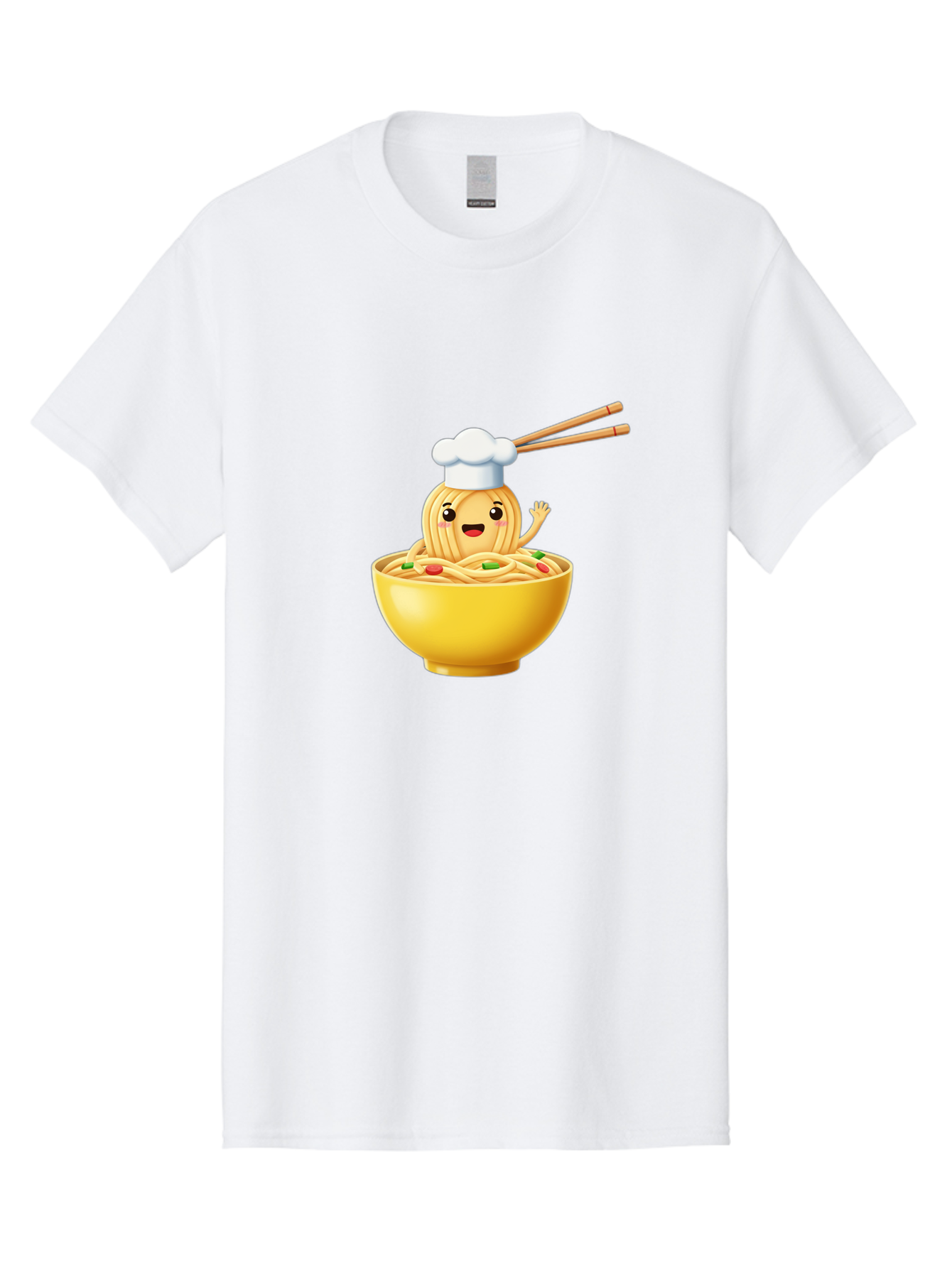 Noodle-Character-In-Yellow-Bowl Men'S Graphic Tee, 100% Cotton, Comfortable Casual Summer Wear, Machine Washable, Cartoon Noodles, Chef Hat, Chopsticks, Smiling Face, Waving Hand, Yellow Bowl, Green Peas, Red Peppers, Funny Character, Bae567
