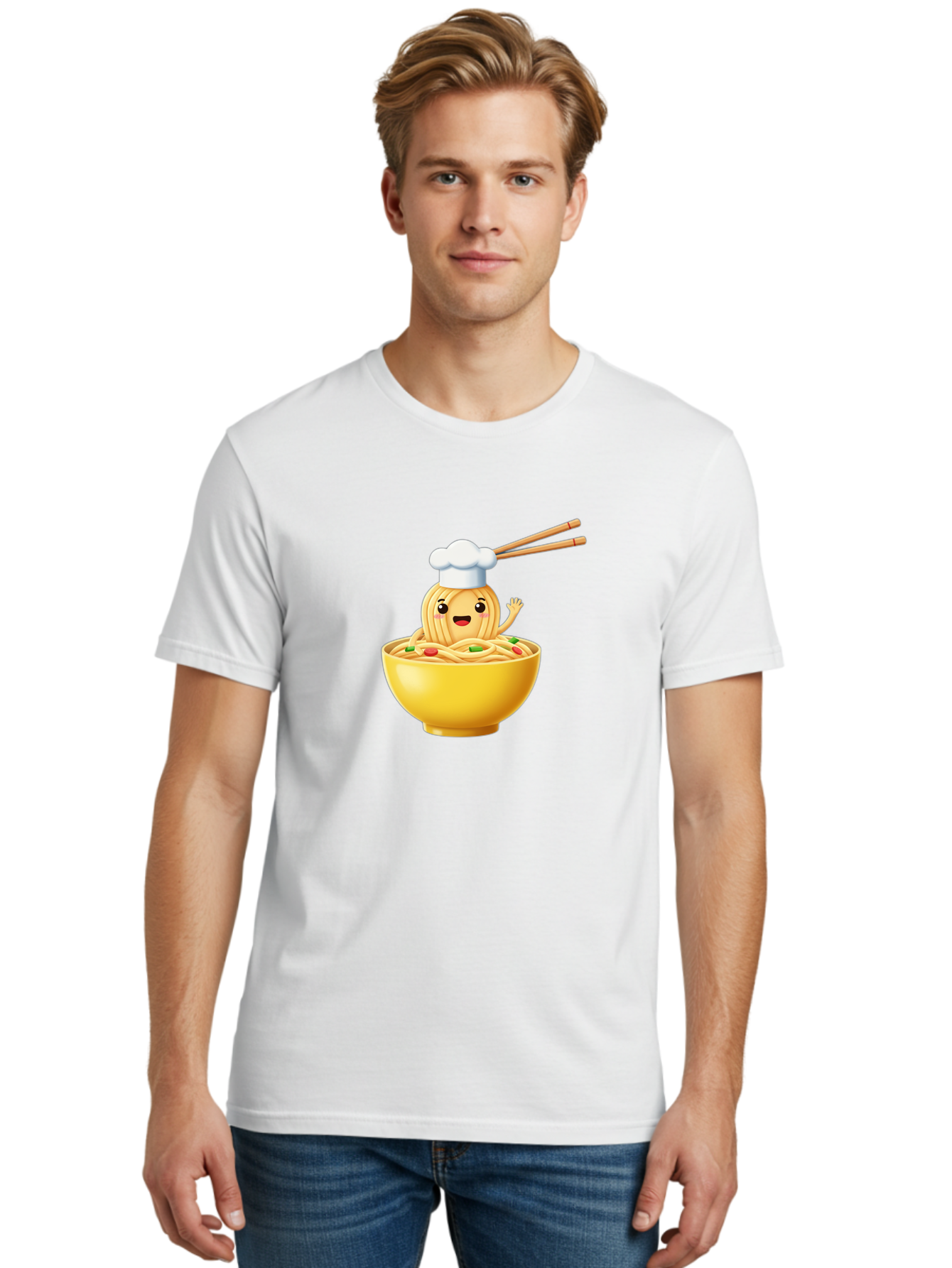 Noodle-Character-In-Yellow-Bowl Men'S Graphic Tee, 100% Cotton, Comfortable Casual Summer Wear, Machine Washable, Cartoon Noodles, Chef Hat, Chopsticks, Smiling Face, Waving Hand, Yellow Bowl, Green Peas, Red Peppers, Funny Character, Bae567