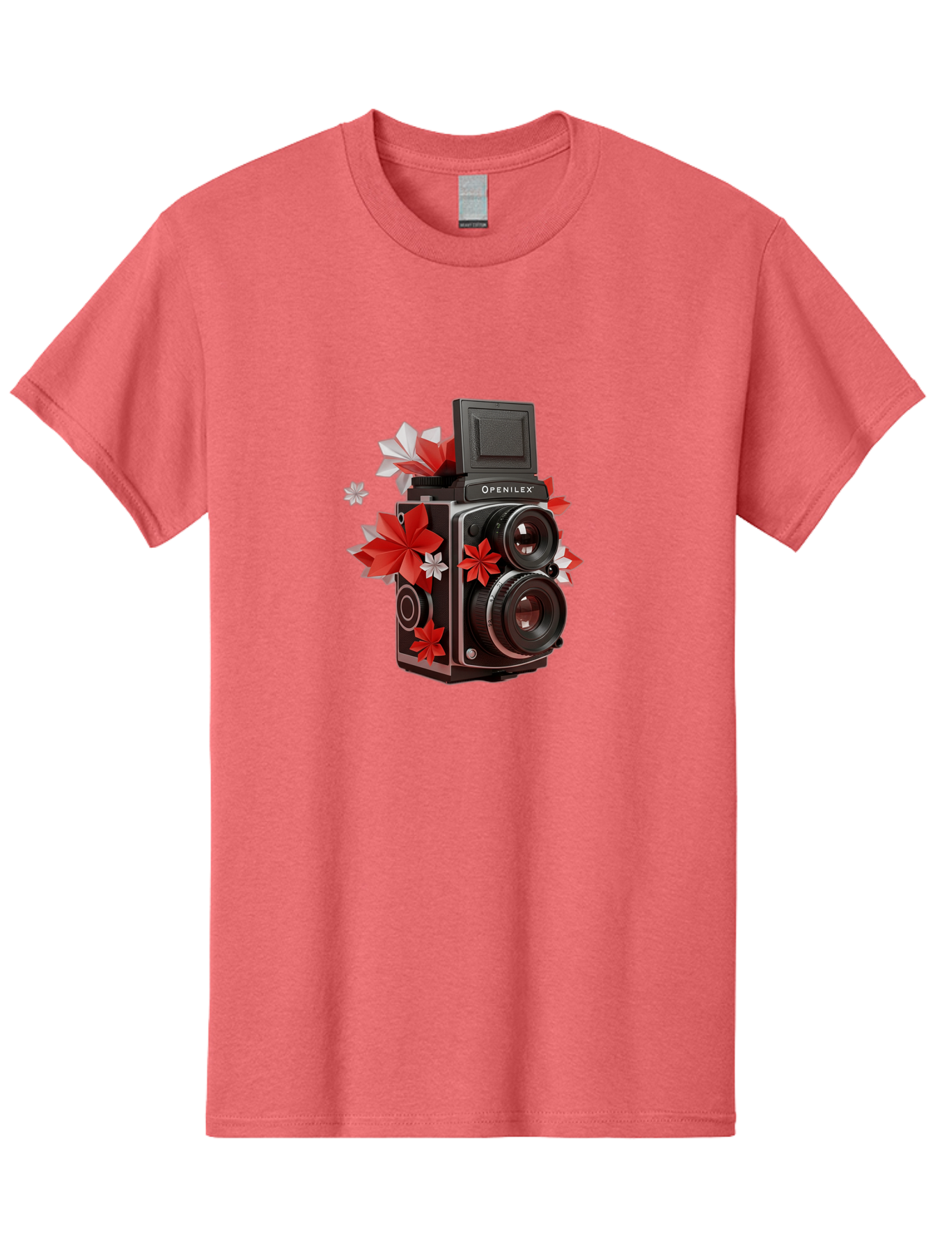 Openilex-Camera Men'S Graphic Tee, 100% Cotton, Comfortable Casual Summer Wear, Machine Washable, Vintage Camera, Retro Photography, Analog Camera, Floral Decorations, Red And White Flowers, Creative Photography, Artistic Expression, Bae572