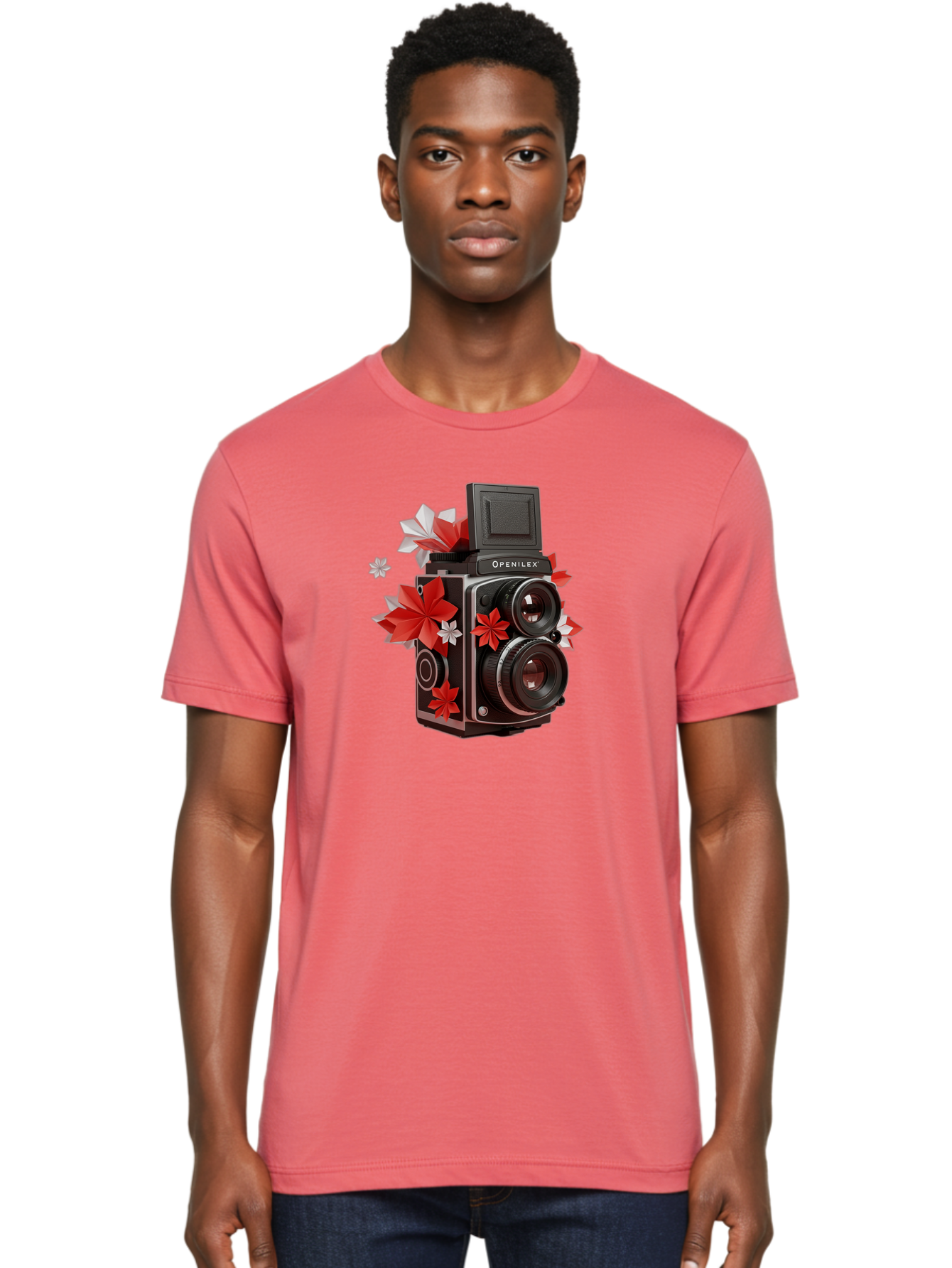 Openilex-Camera Men'S Graphic Tee, 100% Cotton, Comfortable Casual Summer Wear, Machine Washable, Vintage Camera, Retro Photography, Analog Camera, Floral Decorations, Red And White Flowers, Creative Photography, Artistic Expression, Bae572
