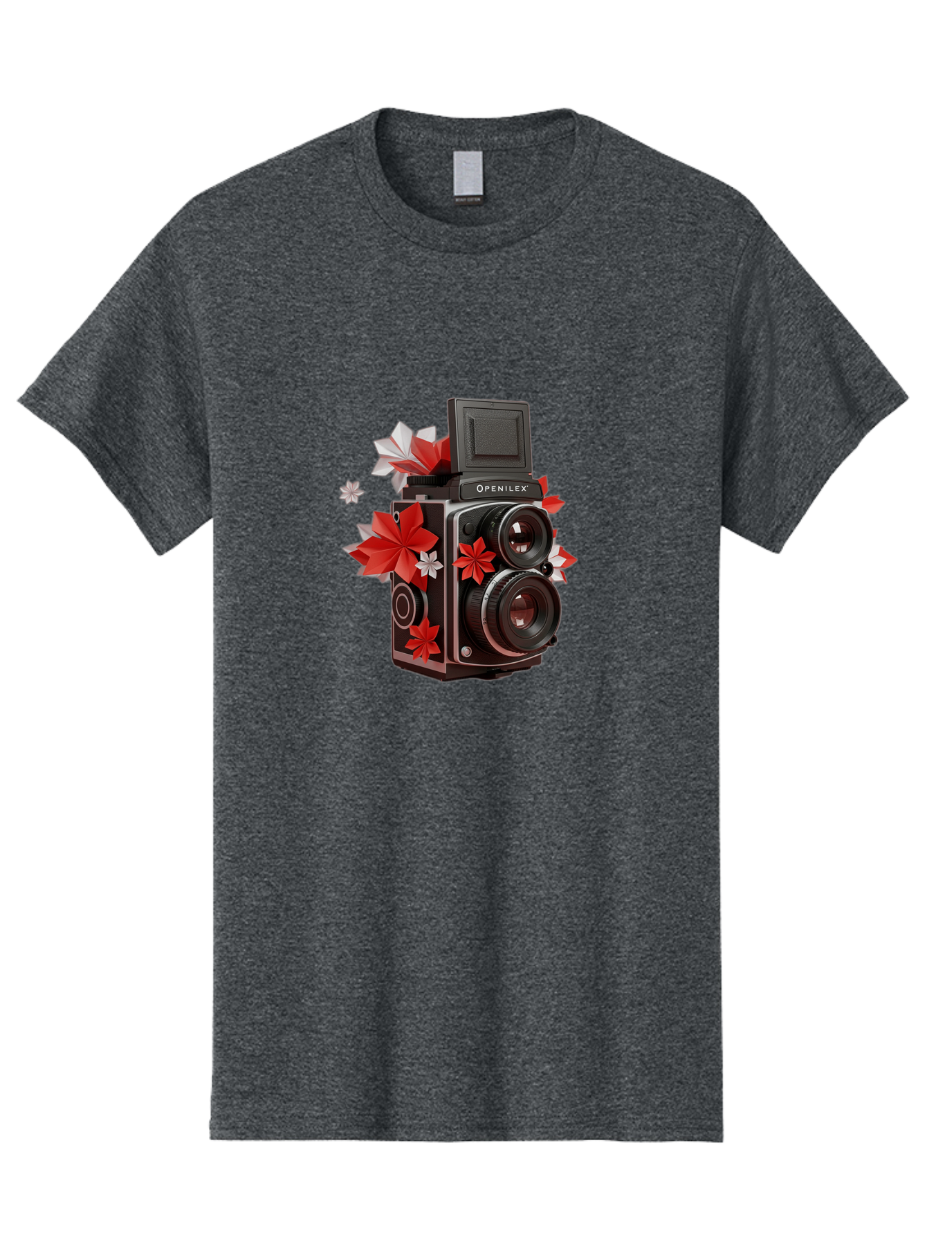 Openilex-Camera Men'S Graphic Tee, 100% Cotton, Comfortable Casual Summer Wear, Machine Washable, Vintage Camera, Retro Photography, Analog Camera, Floral Decorations, Red And White Flowers, Creative Photography, Artistic Expression, Bae572