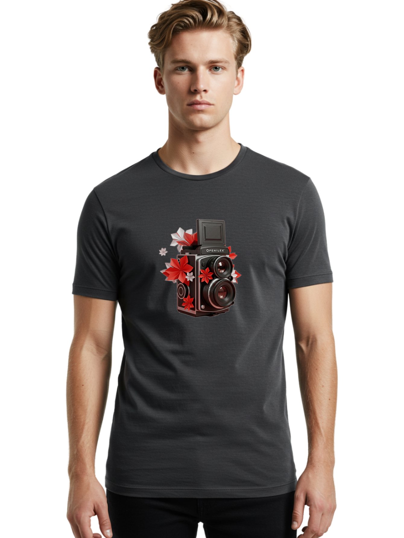 Openilex-Camera Men'S Graphic Tee, 100% Cotton, Comfortable Casual Summer Wear, Machine Washable, Vintage Camera, Retro Photography, Analog Camera, Floral Decorations, Red And White Flowers, Creative Photography, Artistic Expression, Bae572