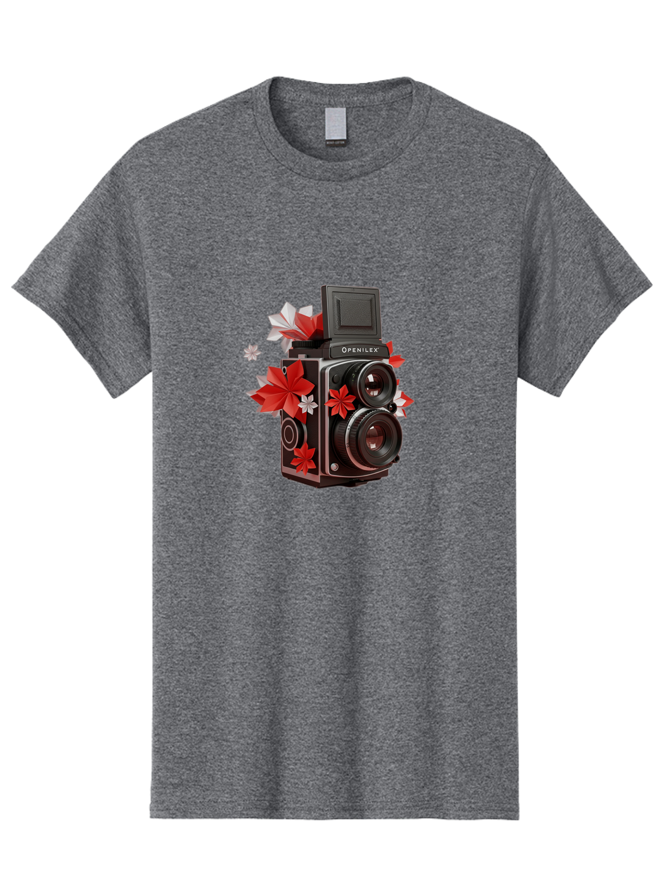 Openilex-Camera Men'S Graphic Tee, 100% Cotton, Comfortable Casual Summer Wear, Machine Washable, Vintage Camera, Retro Photography, Analog Camera, Floral Decorations, Red And White Flowers, Creative Photography, Artistic Expression, Bae572