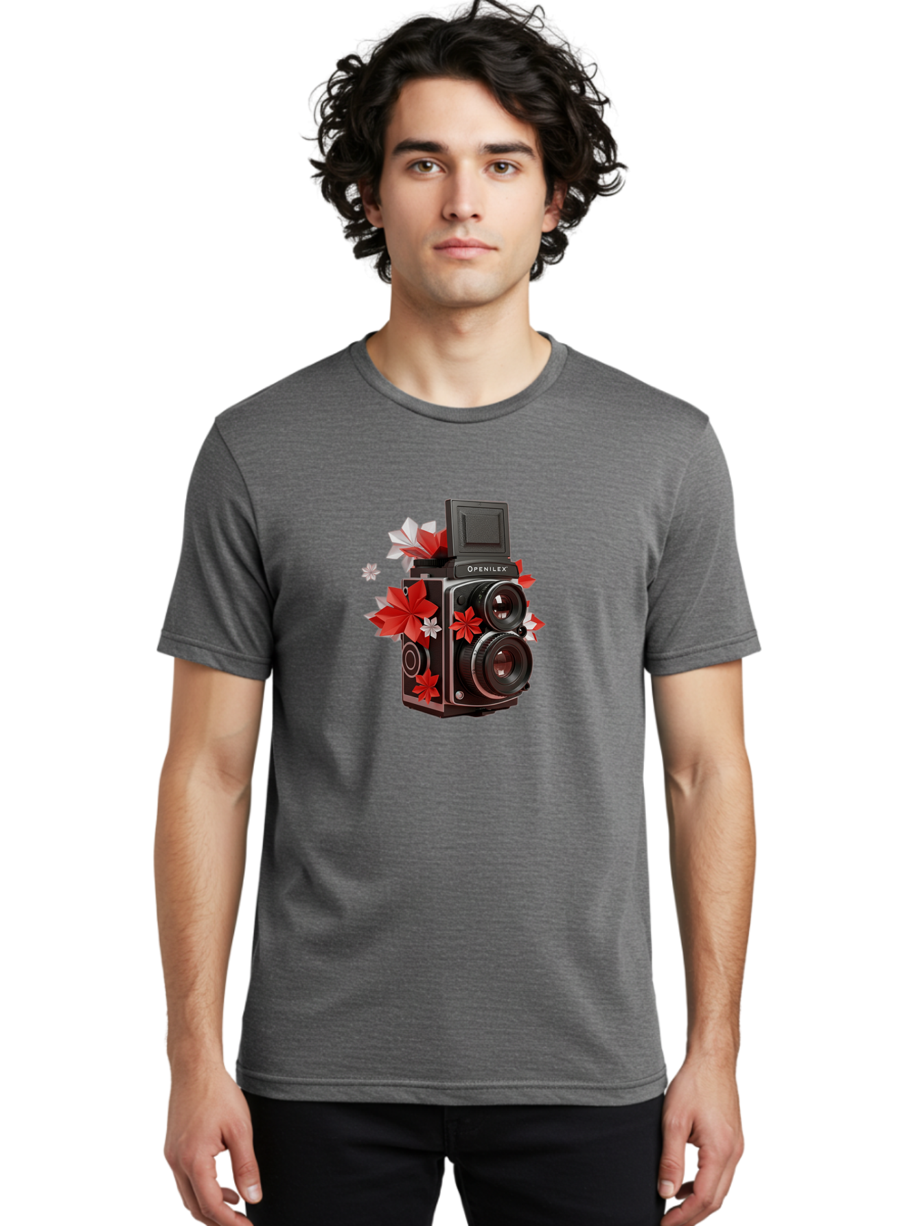 Openilex-Camera Men'S Graphic Tee, 100% Cotton, Comfortable Casual Summer Wear, Machine Washable, Vintage Camera, Retro Photography, Analog Camera, Floral Decorations, Red And White Flowers, Creative Photography, Artistic Expression, Bae572