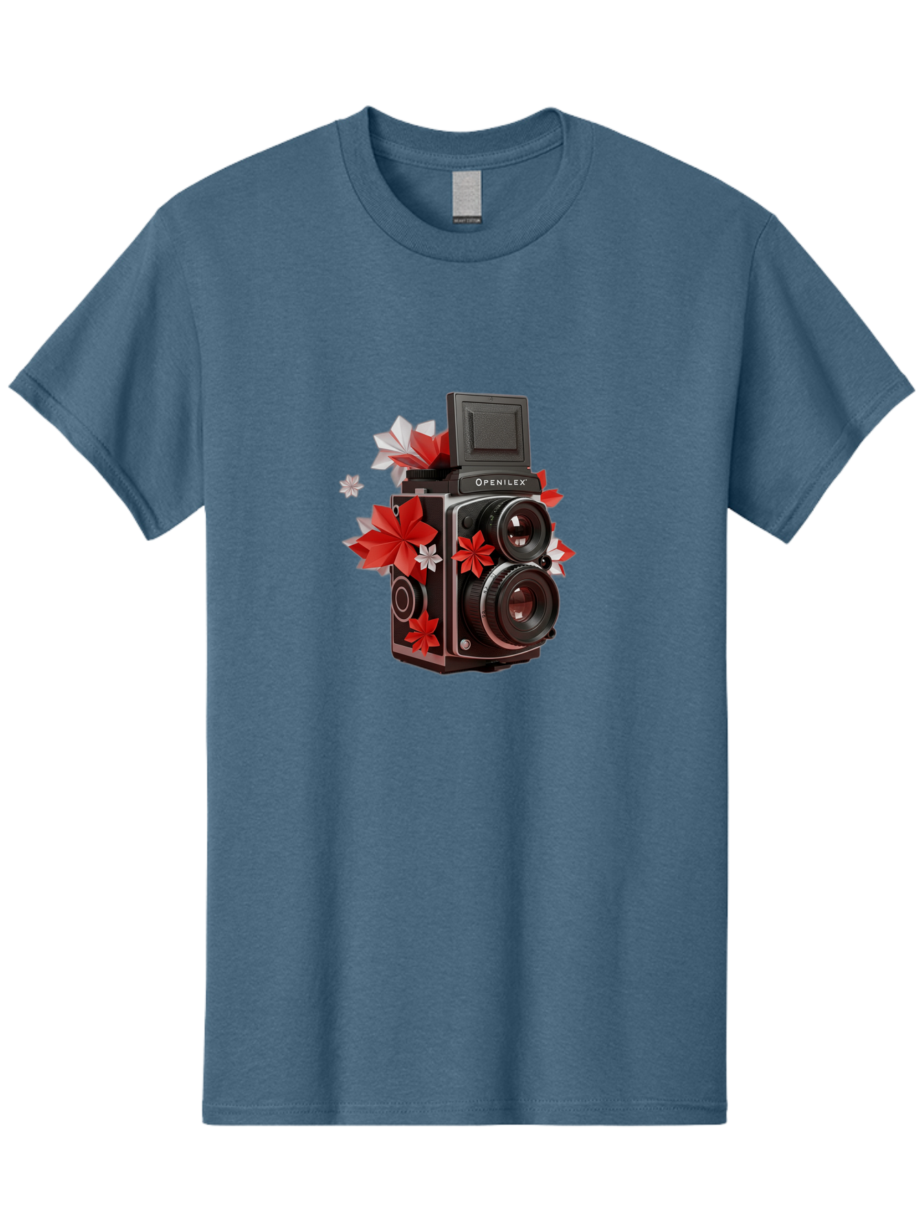 Openilex-Camera Men'S Graphic Tee, 100% Cotton, Comfortable Casual Summer Wear, Machine Washable, Vintage Camera, Retro Photography, Analog Camera, Floral Decorations, Red And White Flowers, Creative Photography, Artistic Expression, Bae572