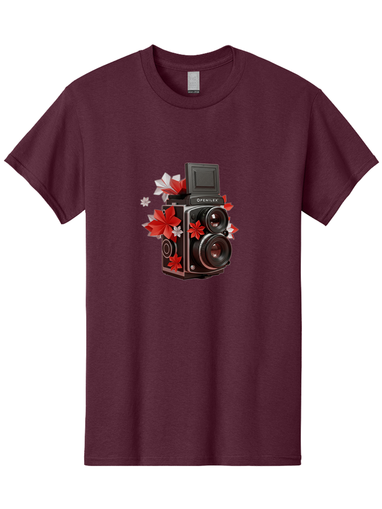 Openilex-Camera Men'S Graphic Tee, 100% Cotton, Comfortable Casual Summer Wear, Machine Washable, Vintage Camera, Retro Photography, Analog Camera, Floral Decorations, Red And White Flowers, Creative Photography, Artistic Expression, Bae572