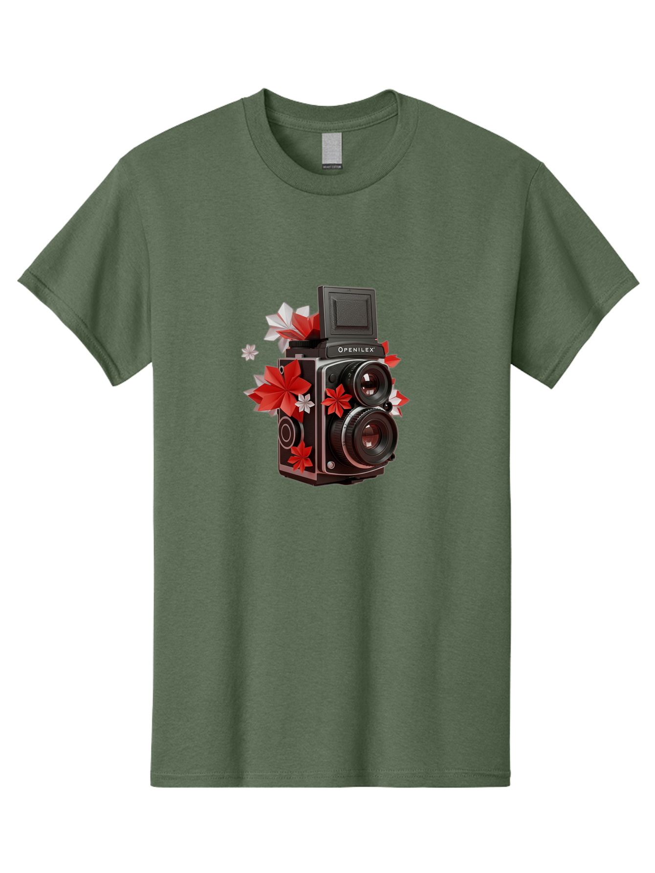 Openilex-Camera Men'S Graphic Tee, 100% Cotton, Comfortable Casual Summer Wear, Machine Washable, Vintage Camera, Retro Photography, Analog Camera, Floral Decorations, Red And White Flowers, Creative Photography, Artistic Expression, Bae572