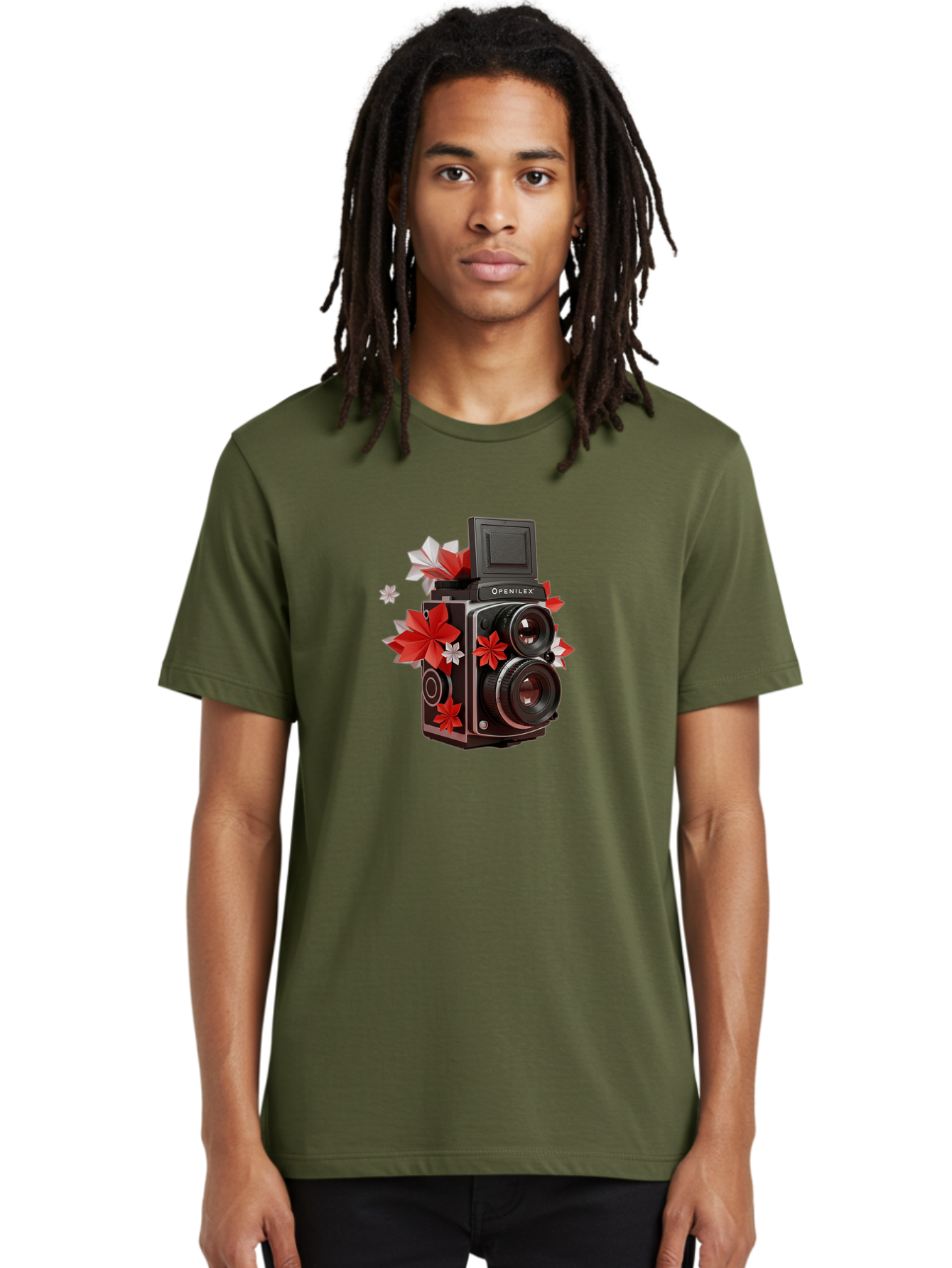 Openilex-Camera Men'S Graphic Tee, 100% Cotton, Comfortable Casual Summer Wear, Machine Washable, Vintage Camera, Retro Photography, Analog Camera, Floral Decorations, Red And White Flowers, Creative Photography, Artistic Expression, Bae572