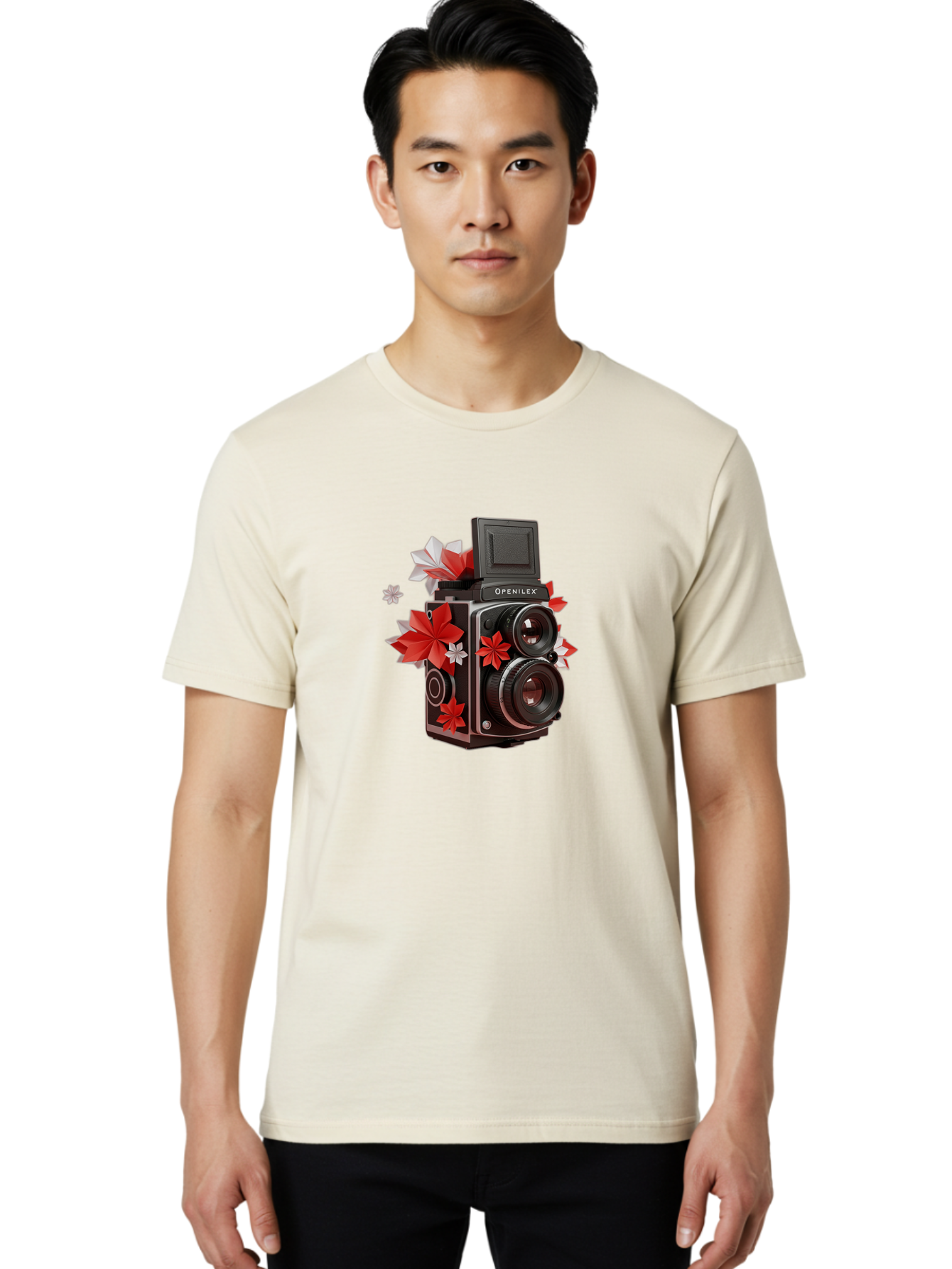 Openilex-Camera Men'S Graphic Tee, 100% Cotton, Comfortable Casual Summer Wear, Machine Washable, Vintage Camera, Retro Photography, Analog Camera, Floral Decorations, Red And White Flowers, Creative Photography, Artistic Expression, Bae572