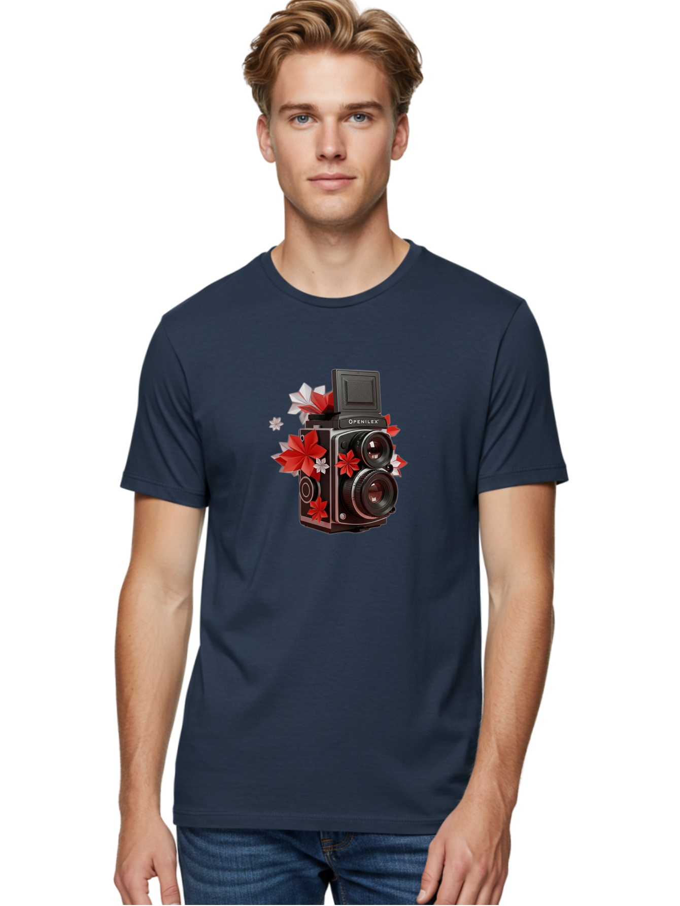 Openilex-Camera Men'S Graphic Tee, 100% Cotton, Comfortable Casual Summer Wear, Machine Washable, Vintage Camera, Retro Photography, Analog Camera, Floral Decorations, Red And White Flowers, Creative Photography, Artistic Expression, Bae572