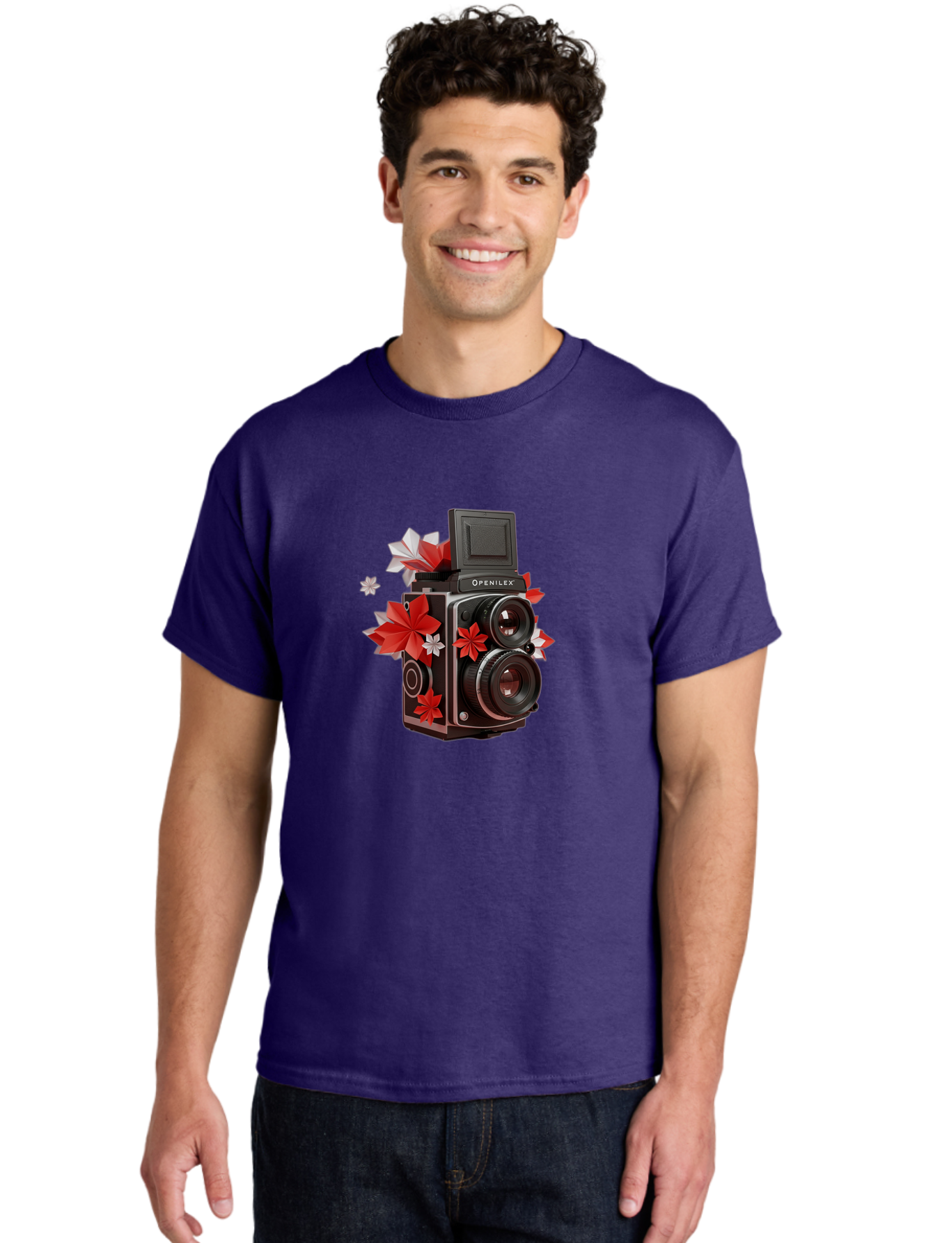 Openilex-Camera Men'S Graphic Tee, 100% Cotton, Comfortable Casual Summer Wear, Machine Washable, Vintage Camera, Retro Photography, Analog Camera, Floral Decorations, Red And White Flowers, Creative Photography, Artistic Expression, Bae572