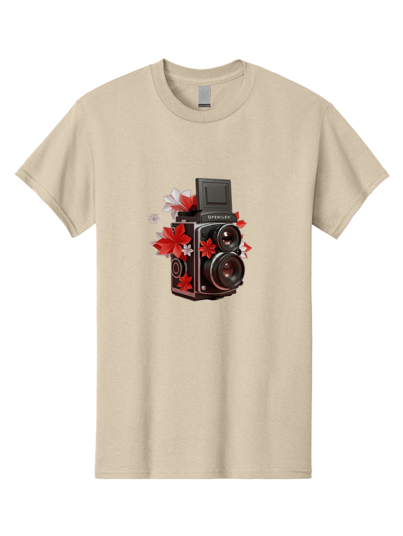 Openilex-Camera Men'S Graphic Tee, 100% Cotton, Comfortable Casual Summer Wear, Machine Washable, Vintage Camera, Retro Photography, Analog Camera, Floral Decorations, Red And White Flowers, Creative Photography, Artistic Expression, Bae572