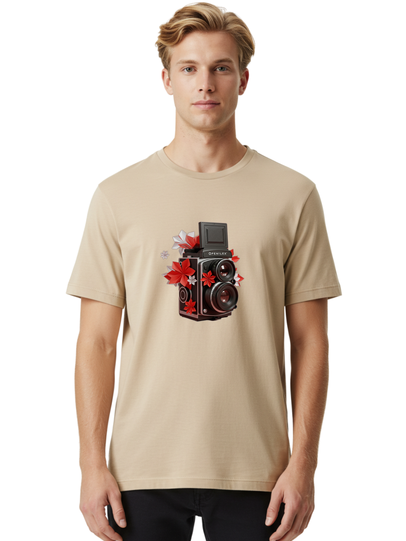 Openilex-Camera Men'S Graphic Tee, 100% Cotton, Comfortable Casual Summer Wear, Machine Washable, Vintage Camera, Retro Photography, Analog Camera, Floral Decorations, Red And White Flowers, Creative Photography, Artistic Expression, Bae572