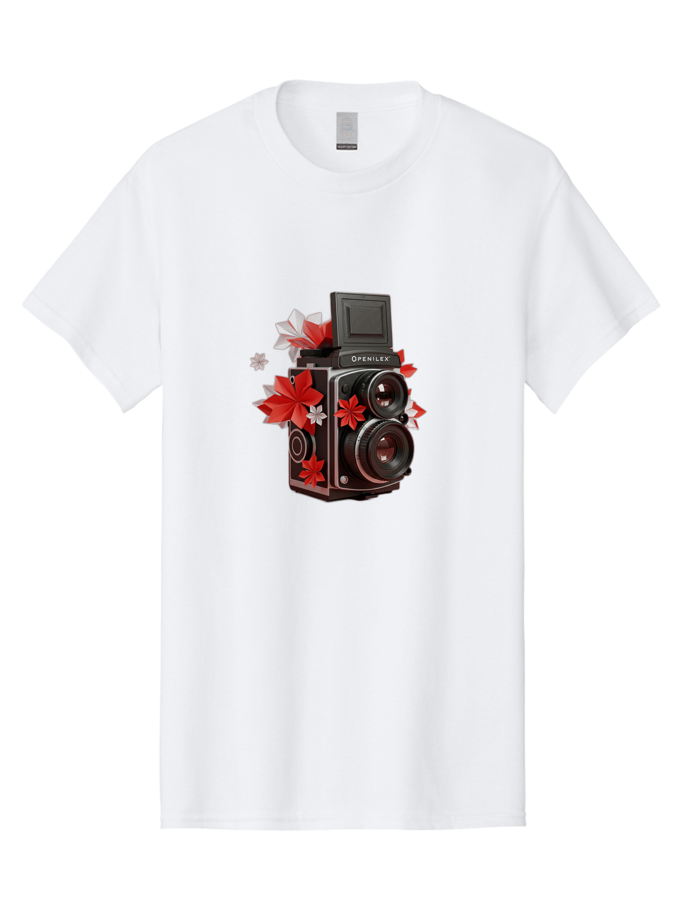 Openilex-Camera Men'S Graphic Tee, 100% Cotton, Comfortable Casual Summer Wear, Machine Washable, Vintage Camera, Retro Photography, Analog Camera, Floral Decorations, Red And White Flowers, Creative Photography, Artistic Expression, Bae572