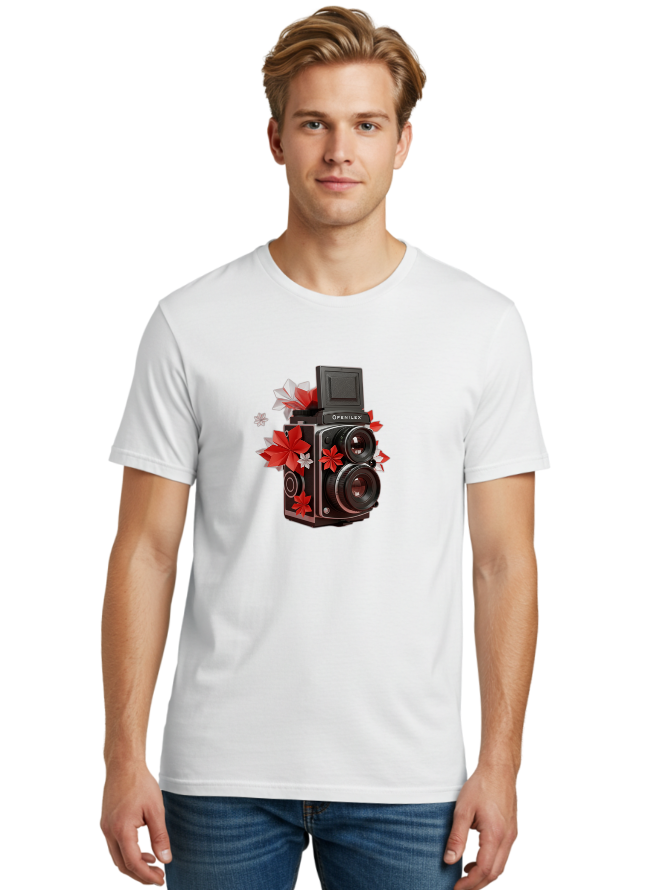 Openilex-Camera Men'S Graphic Tee, 100% Cotton, Comfortable Casual Summer Wear, Machine Washable, Vintage Camera, Retro Photography, Analog Camera, Floral Decorations, Red And White Flowers, Creative Photography, Artistic Expression, Bae572