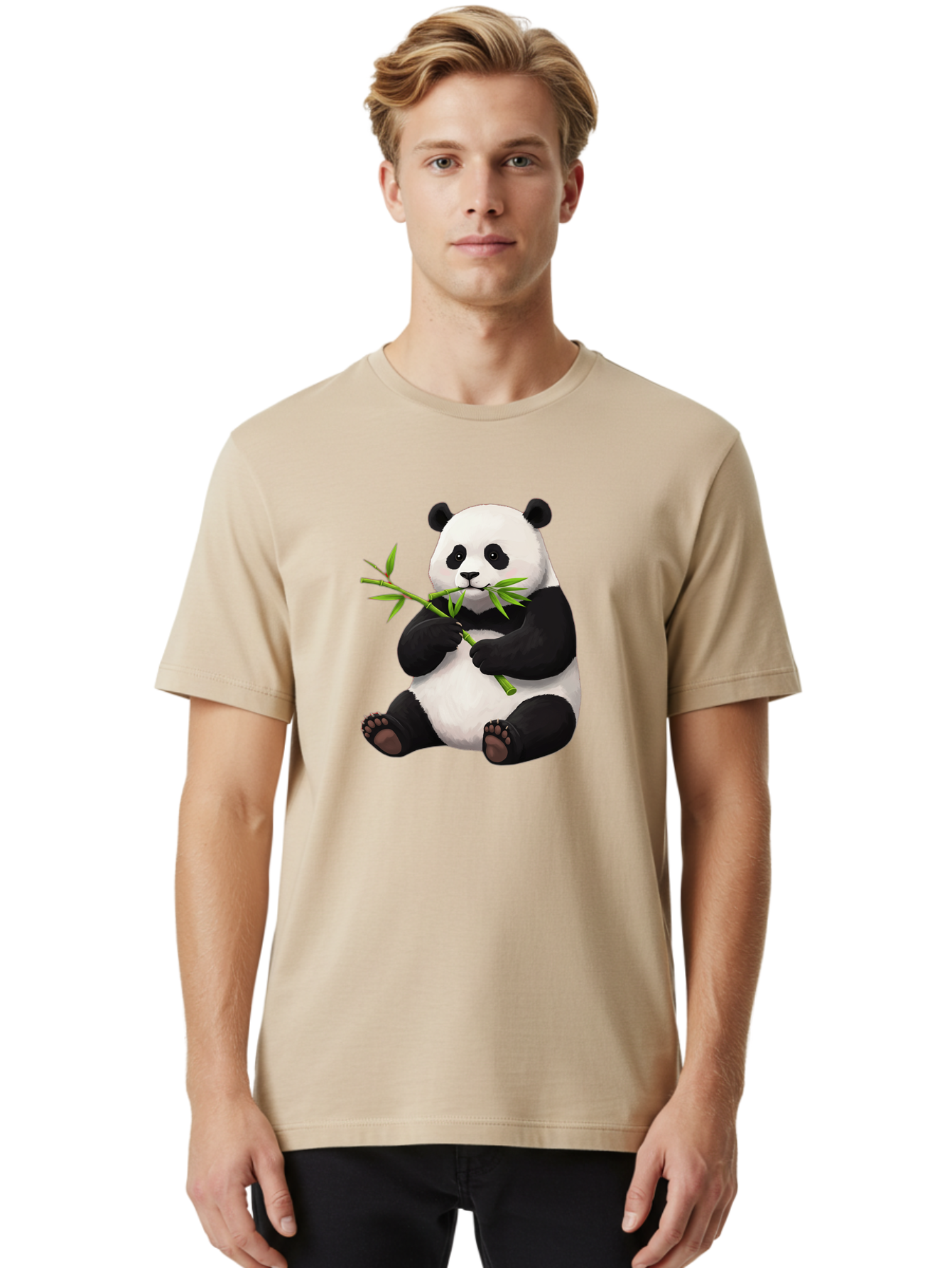 Panda-1 Men'S Graphic Tee, 100% Cotton, Comfortable Casual Summer Wear, Machine Washable, Panda Eating Bamboo, Cartoon Panda, Cute Panda, Adorable Animal, Bamboo Shoots, Black And White Panda, Sitting Panda, Playful Bear, Bamboo Leaves, Bae573