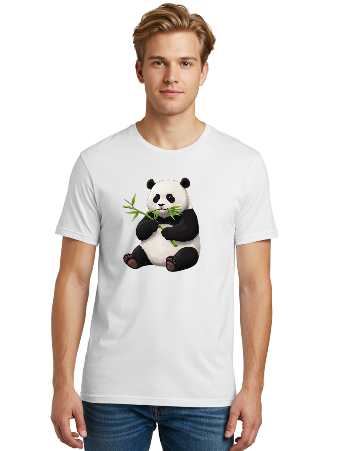 Panda-1 Men'S Graphic Tee, 100% Cotton, Comfortable Casual Summer Wear, Machine Washable, Panda Eating Bamboo, Cartoon Panda, Cute Panda, Adorable Animal, Bamboo Shoots, Black And White Panda, Sitting Panda, Playful Bear, Bamboo Leaves, Bae573