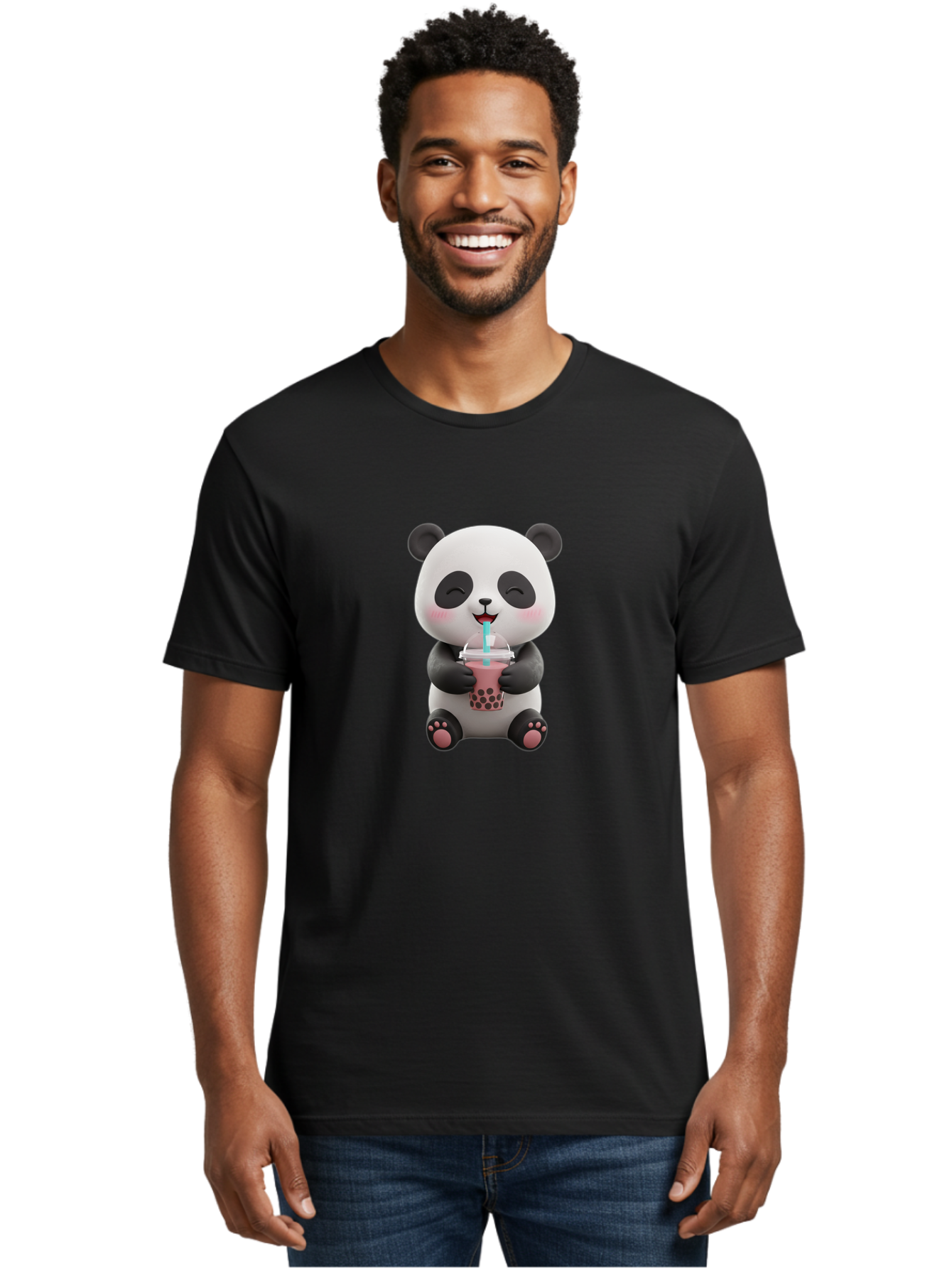 Panda-Drinking-Boba-1 Men'S Graphic Tee, 100% Cotton, Comfortable Casual Summer Wear, Machine Washable, Cartoon Panda, Boba Tea, Pink Drink, Blue Straw, Happy Panda, Kawaii Character, Adorable Bear, Cute Animal, Tea Time, Boba Lover Bae575