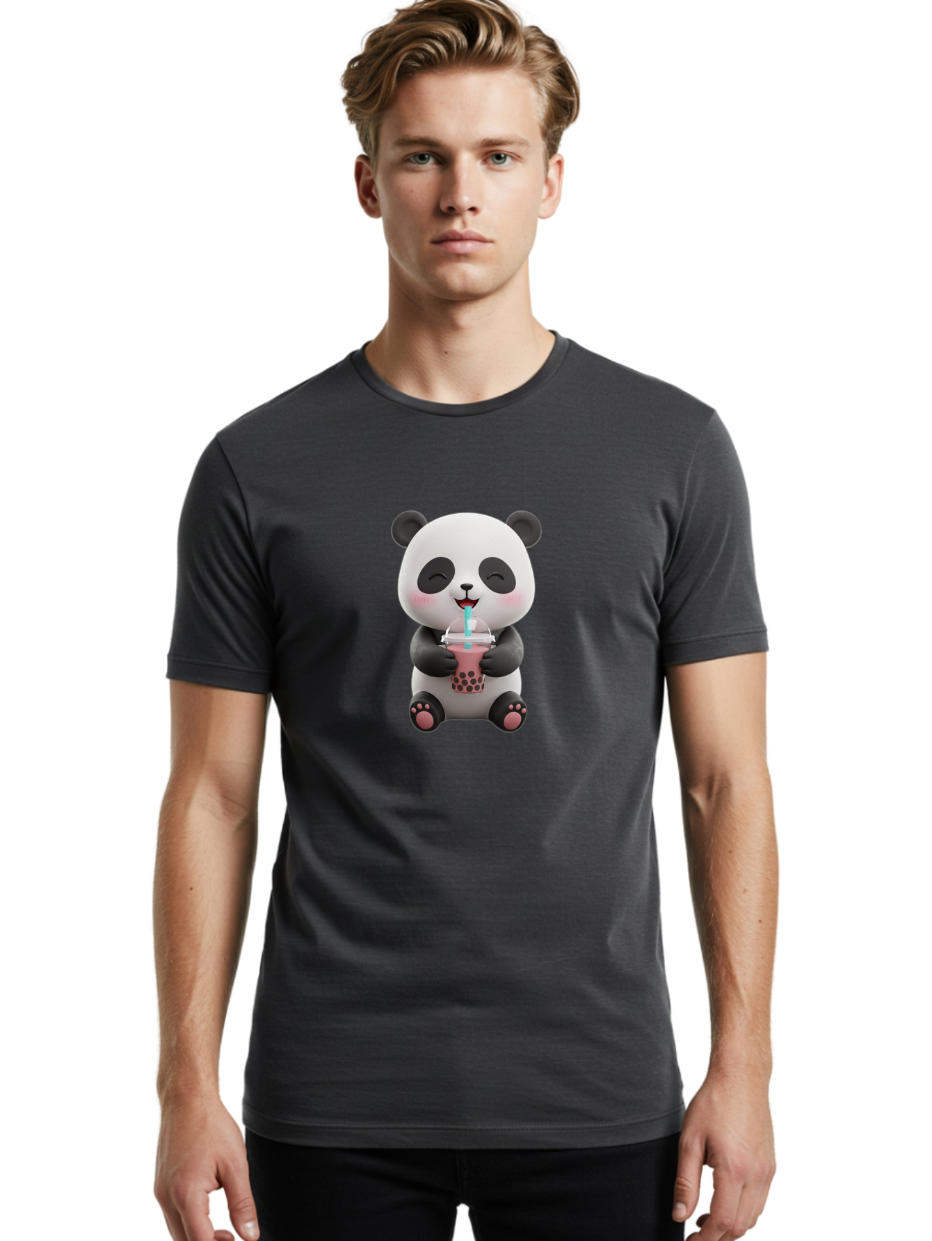 Panda-Drinking-Boba-1 Men'S Graphic Tee, 100% Cotton, Comfortable Casual Summer Wear, Machine Washable, Cartoon Panda, Boba Tea, Pink Drink, Blue Straw, Happy Panda, Kawaii Character, Adorable Bear, Cute Animal, Tea Time, Boba Lover Bae575
